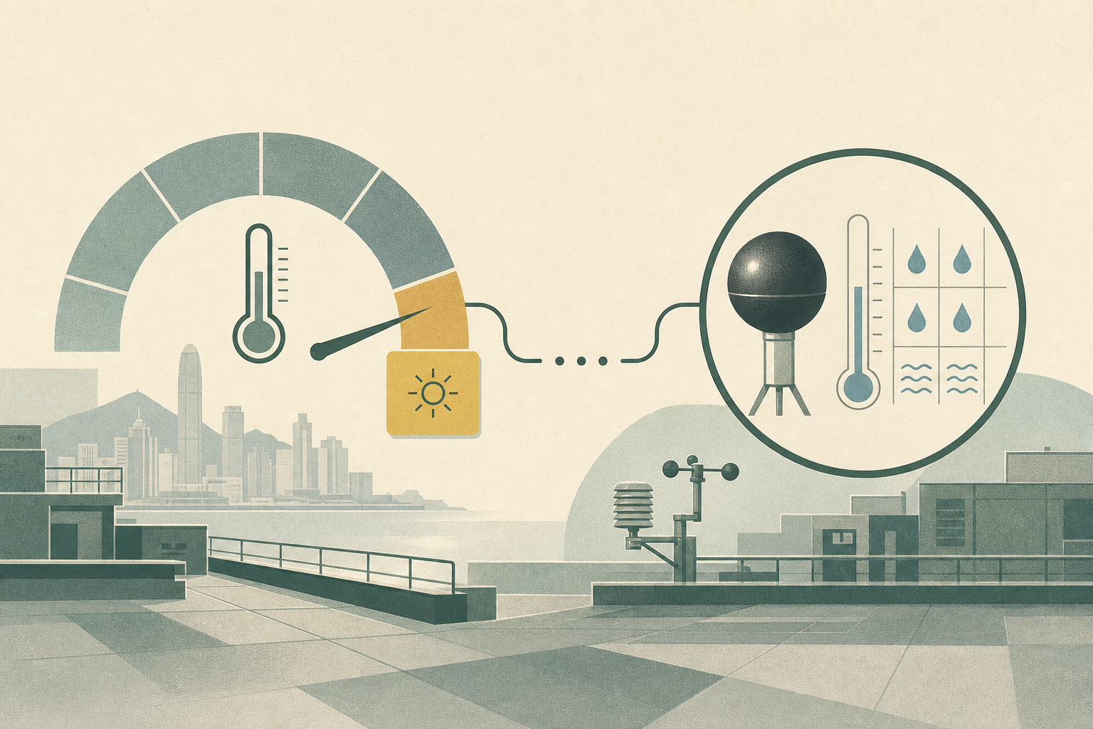 People-free cut-paper diagram of a Hong Kong roofline beneath a high-temperature gauge and a small yellow warning tile, with a separate gridded WBGT instrument panel connected by an interrupted data line.
