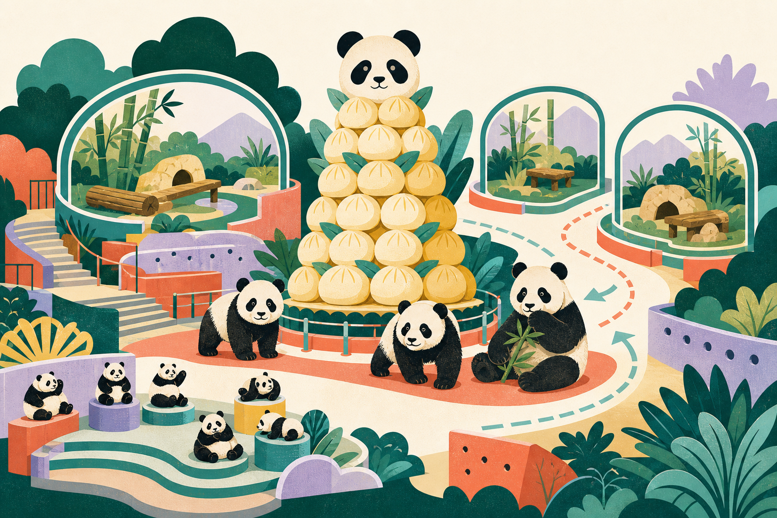 Cut-paper style illustration of a Hong Kong theme-park birthday display, with a tall panda-themed bun tower at center, three simplified panda forms on separate rounded platforms, foliage, and a graphic area of small panda sculptures.