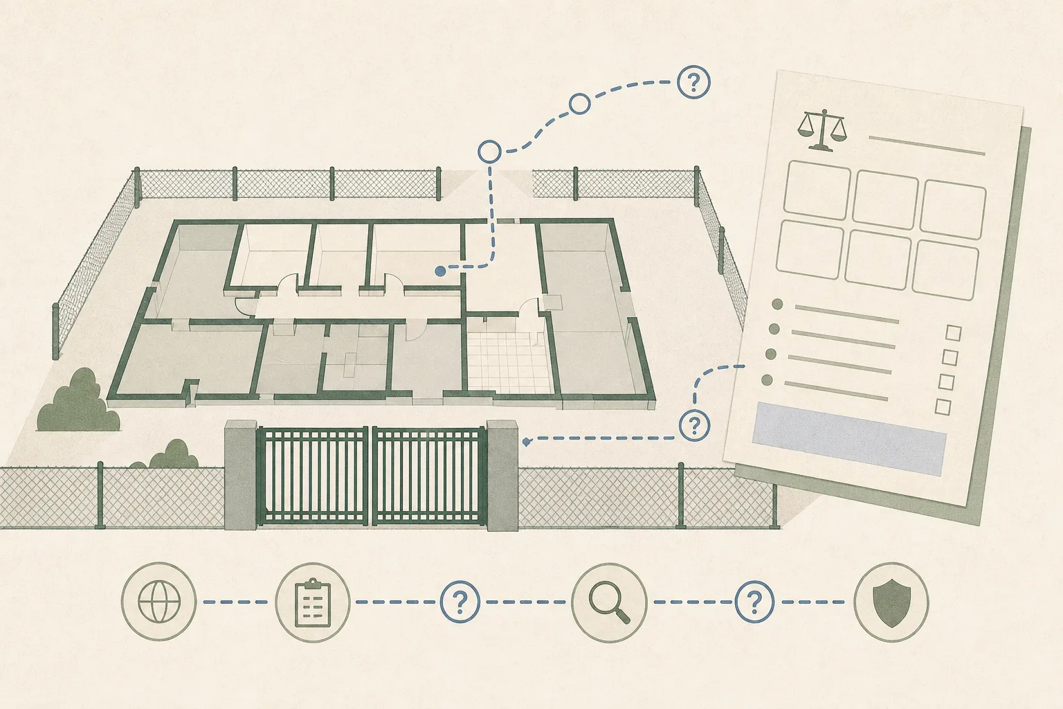 A sparse cut-paper diagram of an empty pet-care facility with a closed gate, segmented route markers and a blank regulatory review sheet, using muted blue and neutral tones.