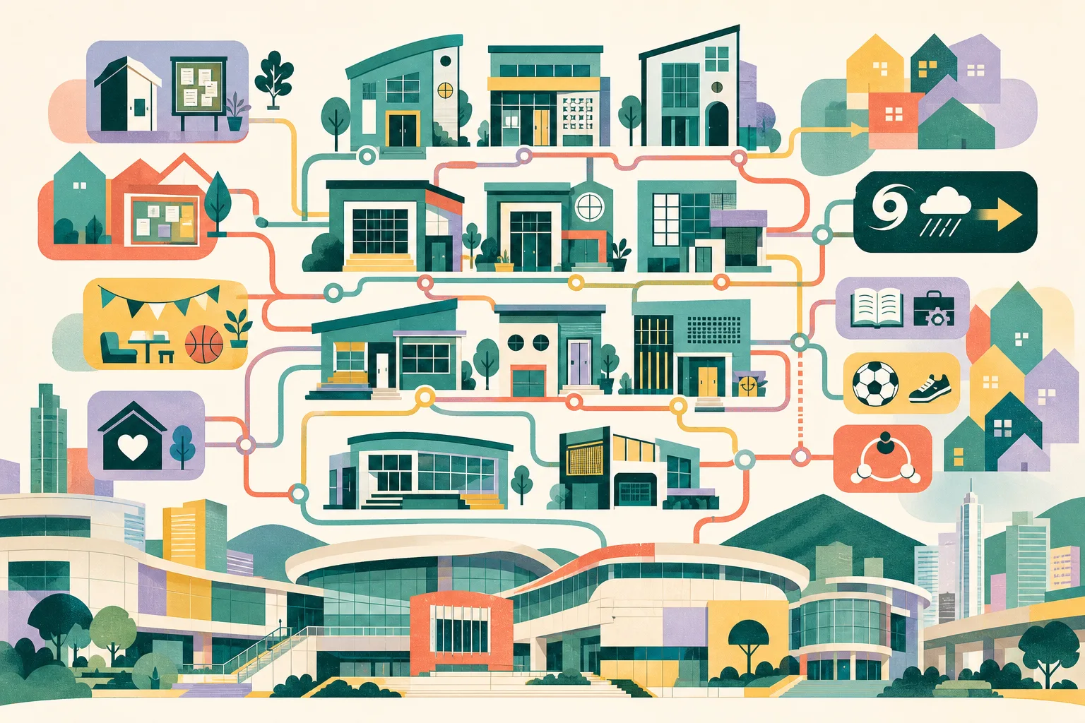 A cut-paper style civic collage shows ten teal, coral, ochre and blue support-centre blocks connected by routes to abstract household tiles, activity panels, communication nodes and a small weather-information symbol.