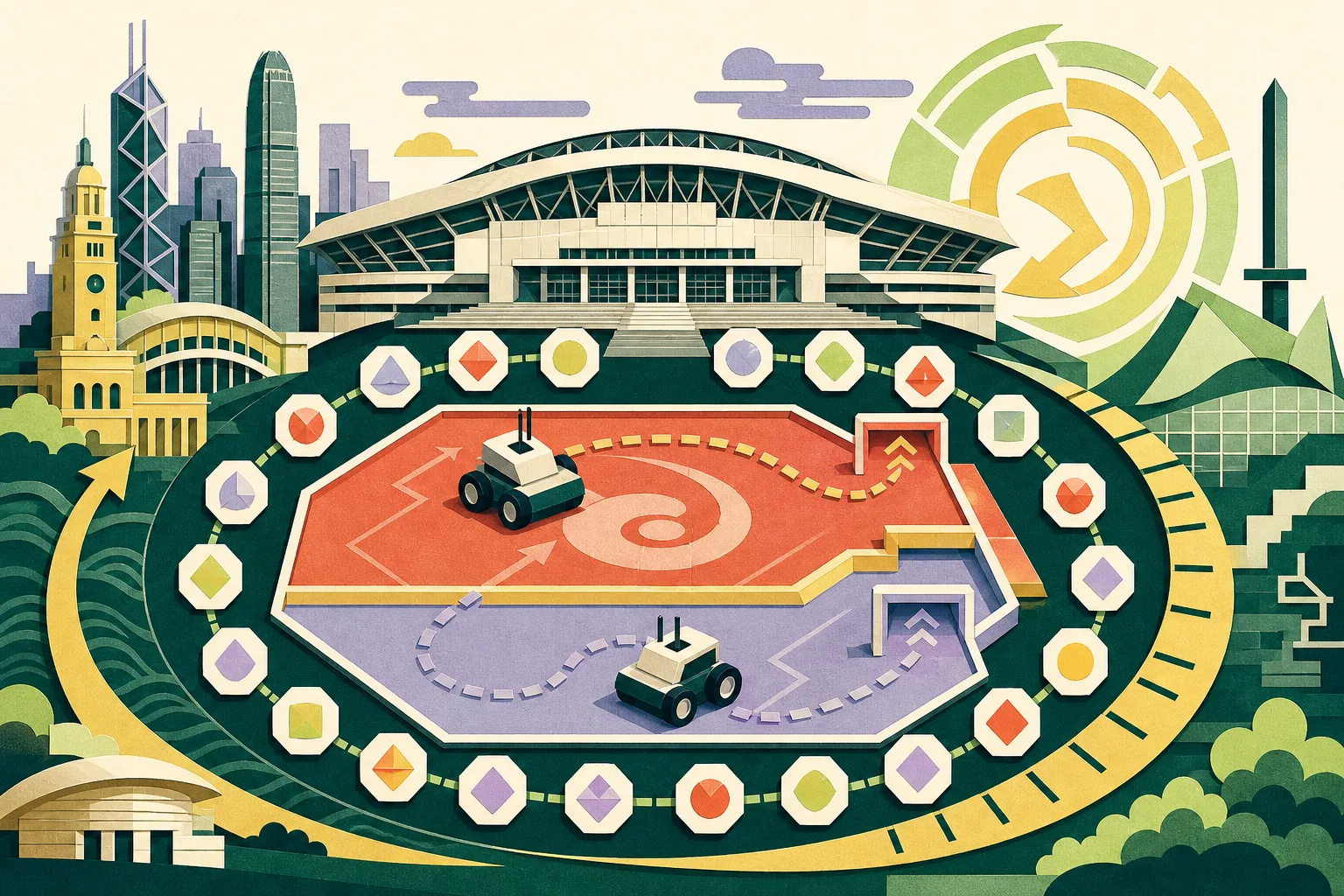 A cut-paper illustration of Queen Elizabeth Stadium containing a geometric robotics arena, two abstract robot units moving along coordinated paths, sixteen team markers around the floor and an upward return-loop motif.