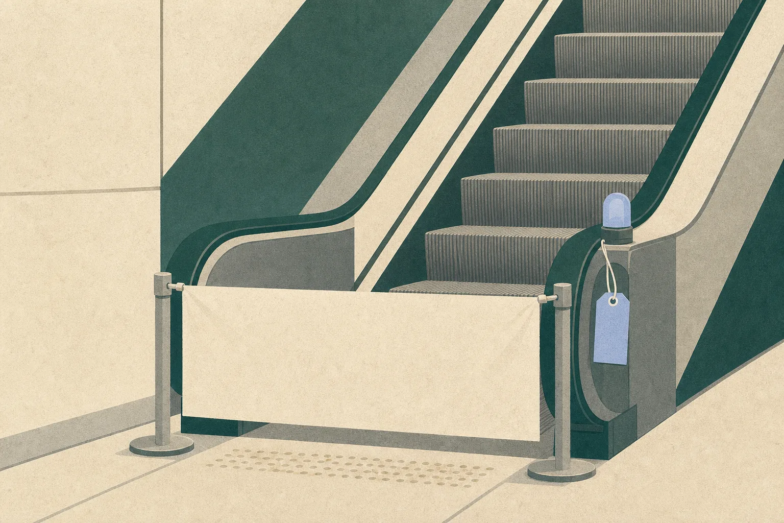Close illustration of a generic indoor escalator with its steps and handrail receding behind a simple temporary barrier, accompanied by a small maintenance inspection tag and muted blue architectural surfaces.