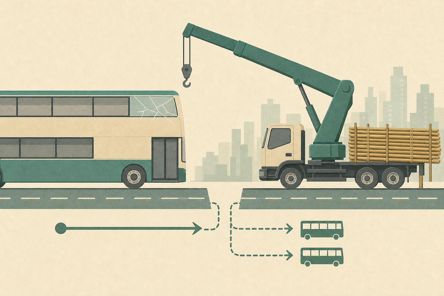 A flat geometric illustration shows the upper section of a bus beside a simplified crane truck and bundled bamboo scaffolding. A translucent upper-deck windscreen panel has clean fracture lines, while offset road shapes indicate a temporary route interruption and transfer to another bus.