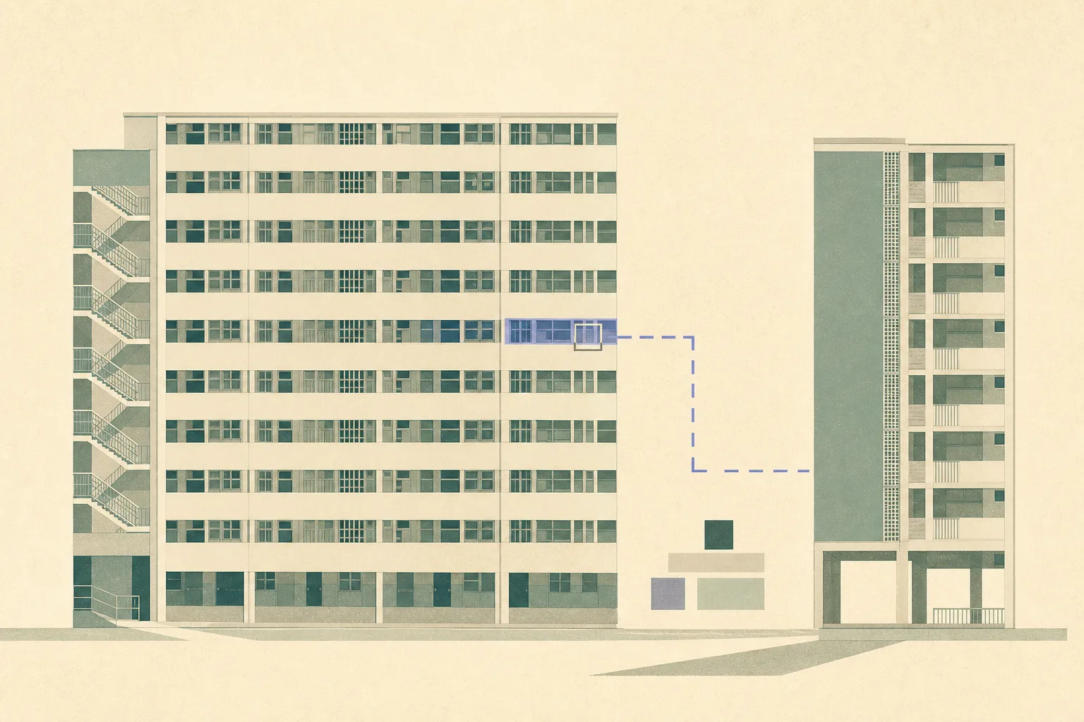 A simplified Hong Kong public-housing tower in flat elevation, with two separate muted blue architectural zones and a broken line between them, leaving clear space to indicate an unresolved investigation.
