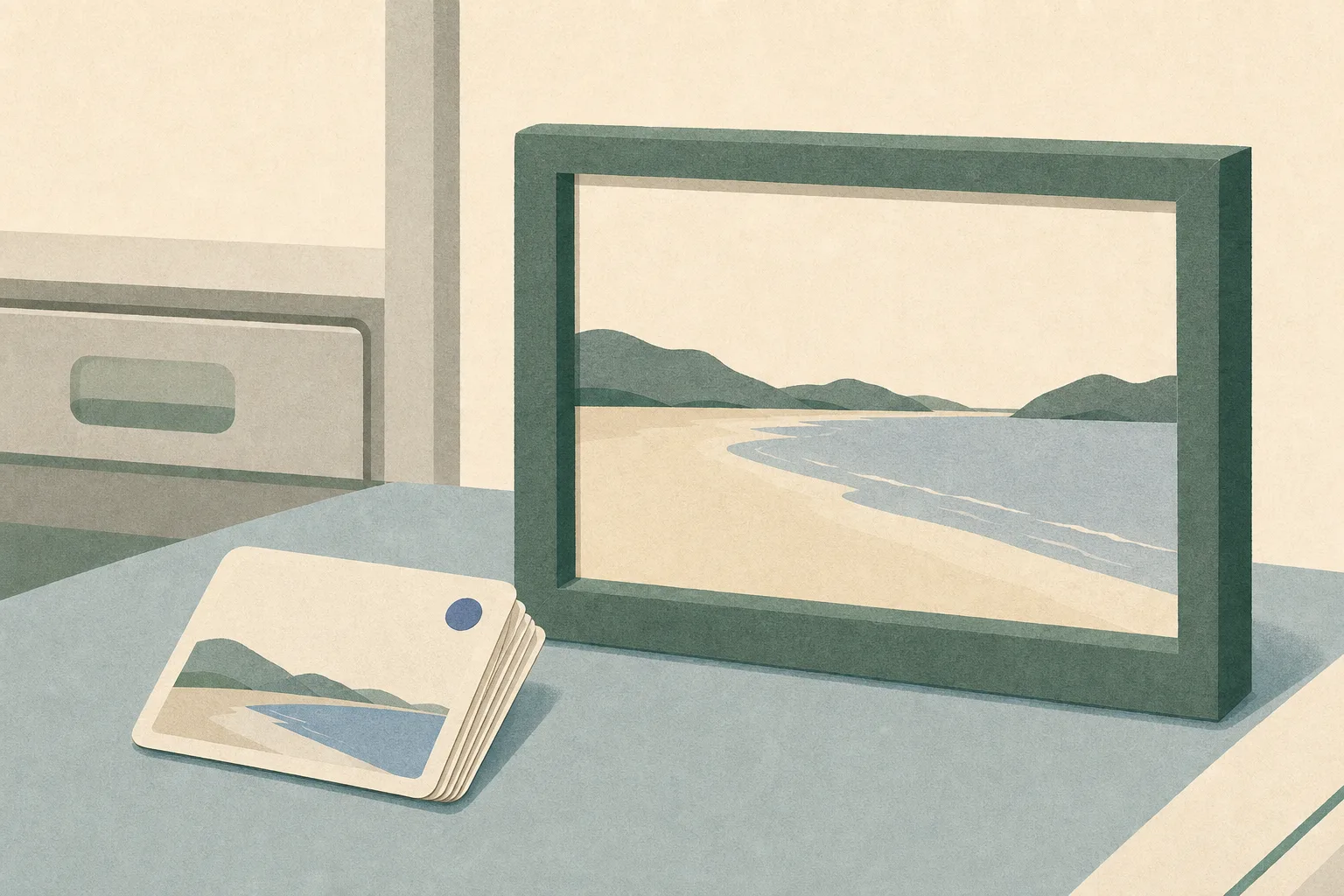 A small VR video card rests on a pale clinical surface beside a simple rectangular frame showing an abstract beach shoreline, with layered geometric shapes suggesting a memory that can be revisited.