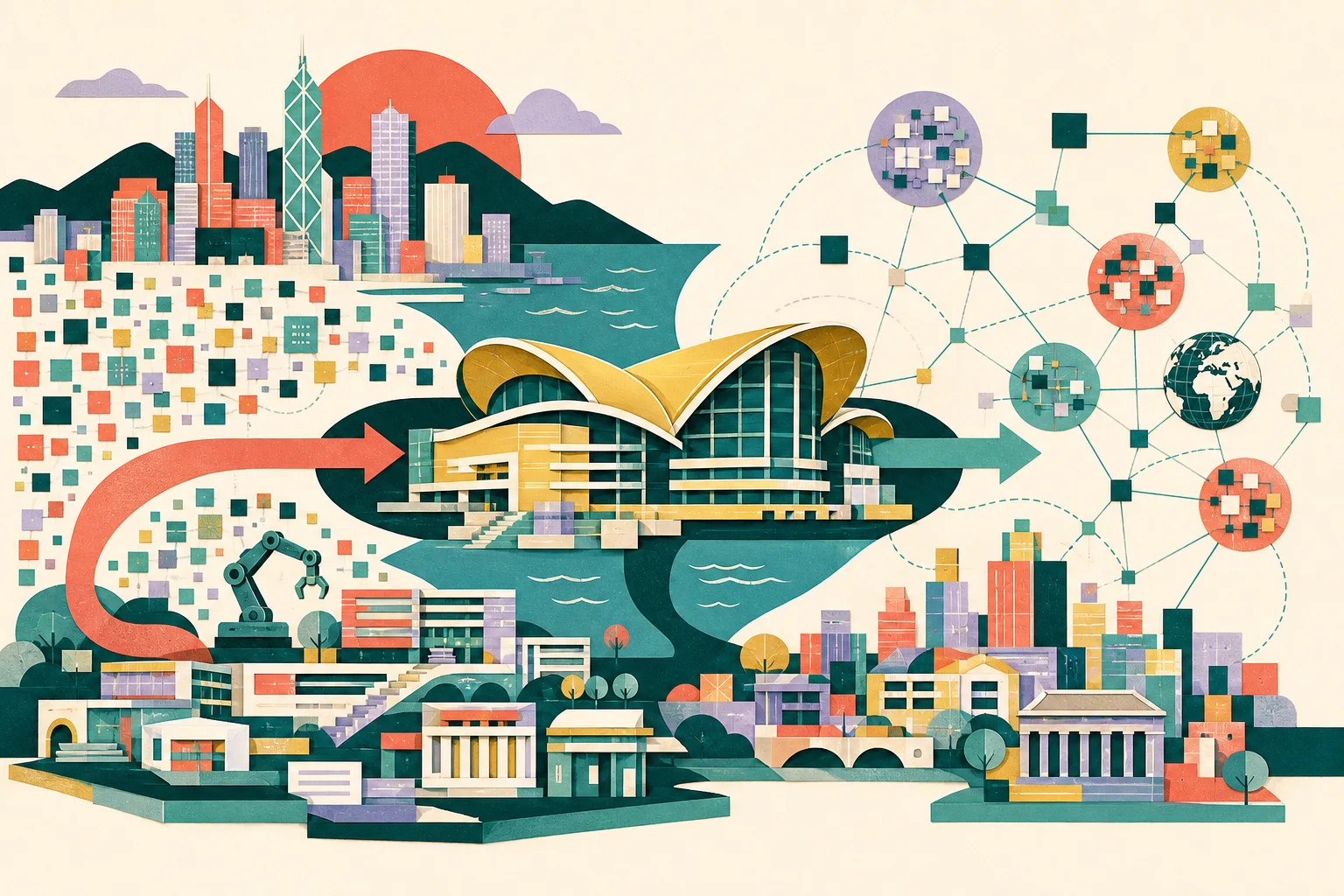 A cut-paper illustration of a central convention hall linking two abstract technology districts through broad directional bands, with modular innovation-campus buildings, international network nodes and a small geometric robotic arm arranged in a balanced architectural collage.