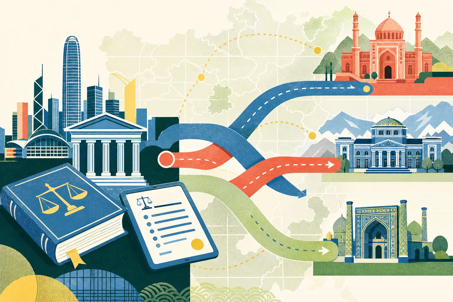 A flat cut-paper collage of a simplified courthouse and law book connected by broad geometric bands to three abstract destination markers, with a document panel showing arbitration clause lines.