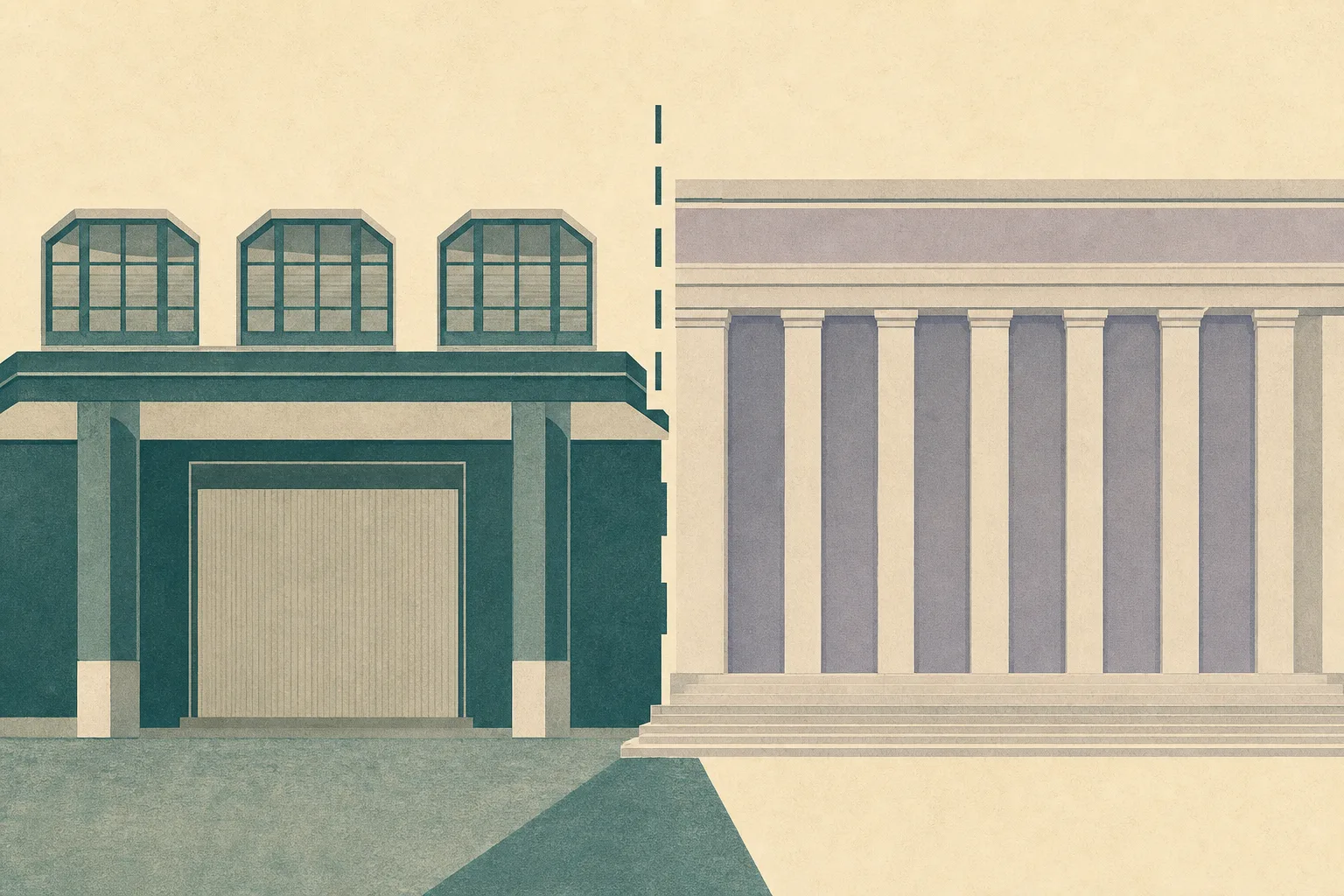 Flat cut-paper illustration of an abstract arcade storefront beside a formal courthouse-like facade, separated by an interrupted boundary line and marked by seven muted vertical panels; no people or action are shown.