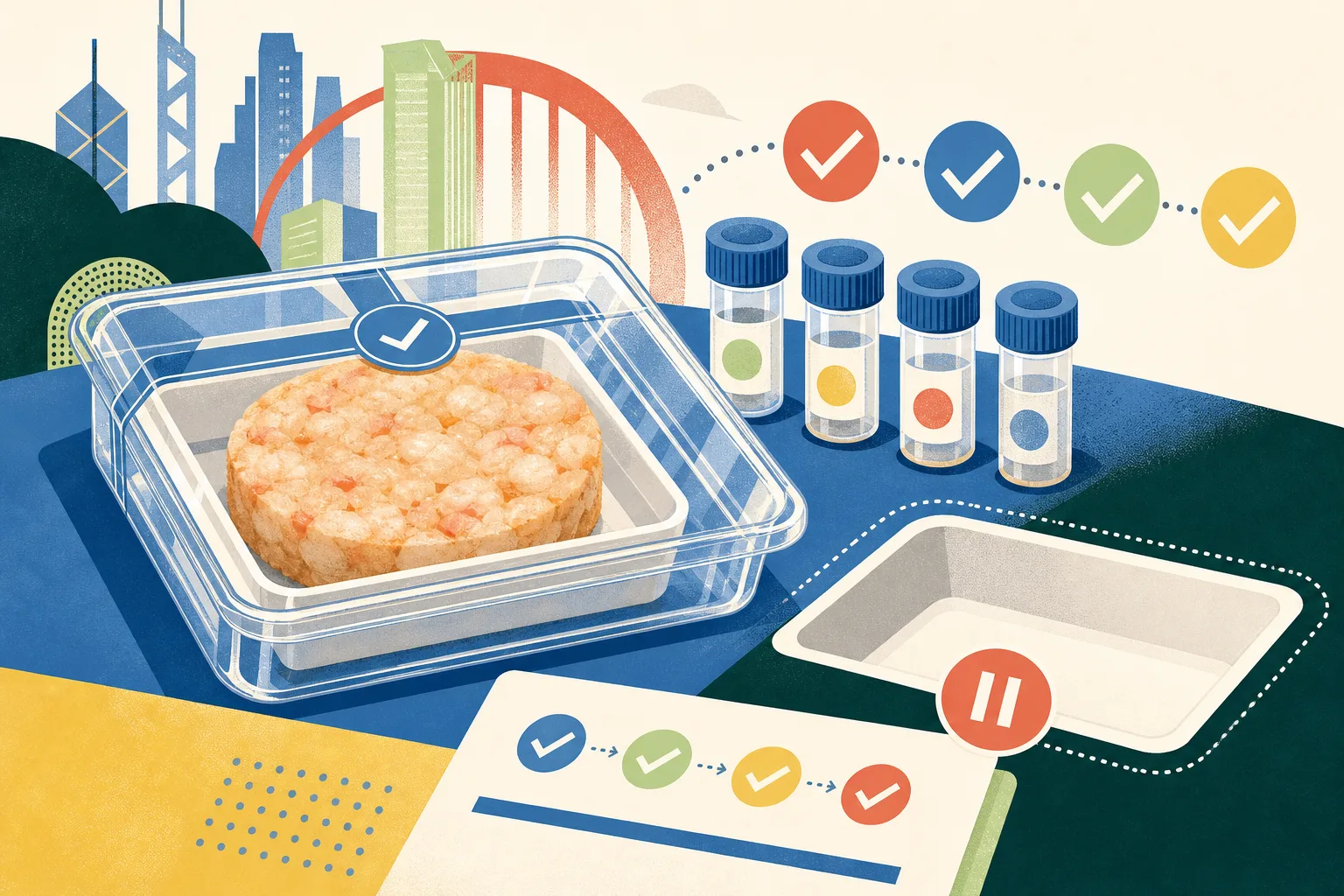Close-up cut-paper illustration of a sealed shrimp-patty sample in a clear tray beside small testing vials, repeated inspection marks and an understated paused product slot, arranged in mineral blue with coral, ochre and teal accents.