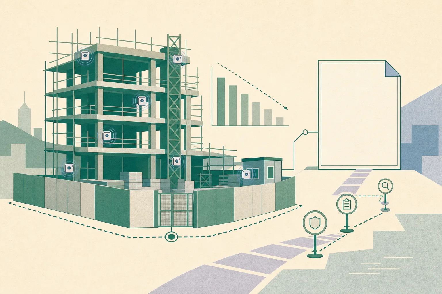 A flat cut-paper illustration of an empty construction-site frame with small safety sensor markers, a marked boundary, descending geometric bars and a blank policy document connected by fine lines.