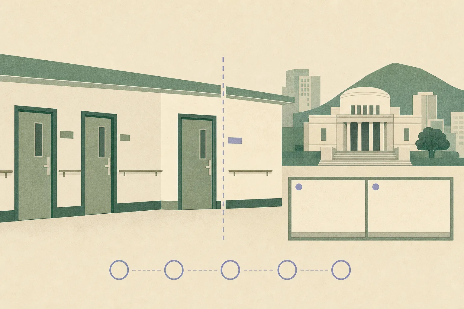 A sparse cut-paper illustration shows a care-home corridor elevation with several closed doors and a separated court and video-link panel, joined by a thin interrupted line and five unfilled markers.
