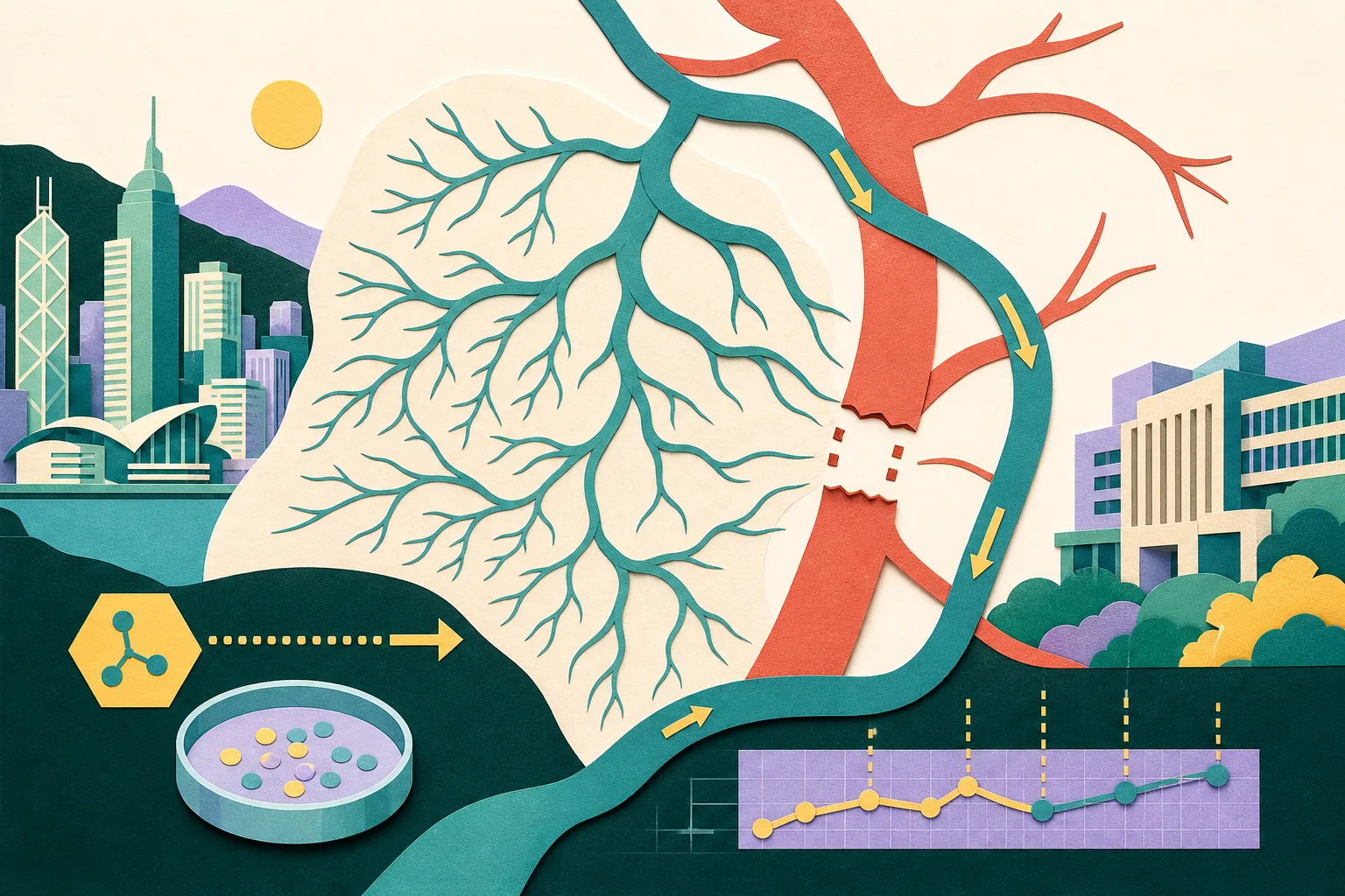 A cut-paper style diagram shows fine branching capillaries merging into a larger side route around an interrupted main pathway, with a small laboratory research marker and measured arrows.