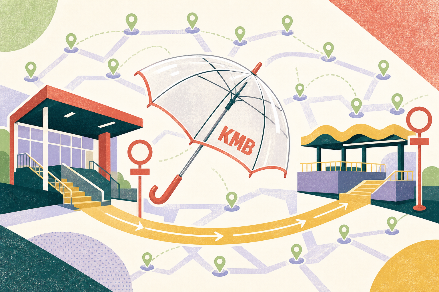 A cut-paper illustration shows a transparent umbrella marked “KMB” spanning two generic bus-station structures, connected by a geometric route band and surrounded by abstract designated-station markers in blue, coral, ochre and teal.