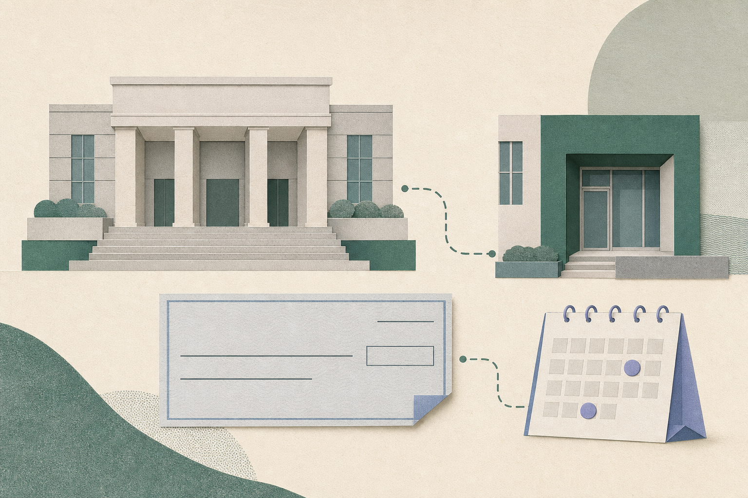 A flat cut-paper illustration of a simplified Hong Kong magistrates’ court beside a blank cheque-shaped document and a small calendar with two date markers, linked by an interrupted line to suggest an ongoing legal process.