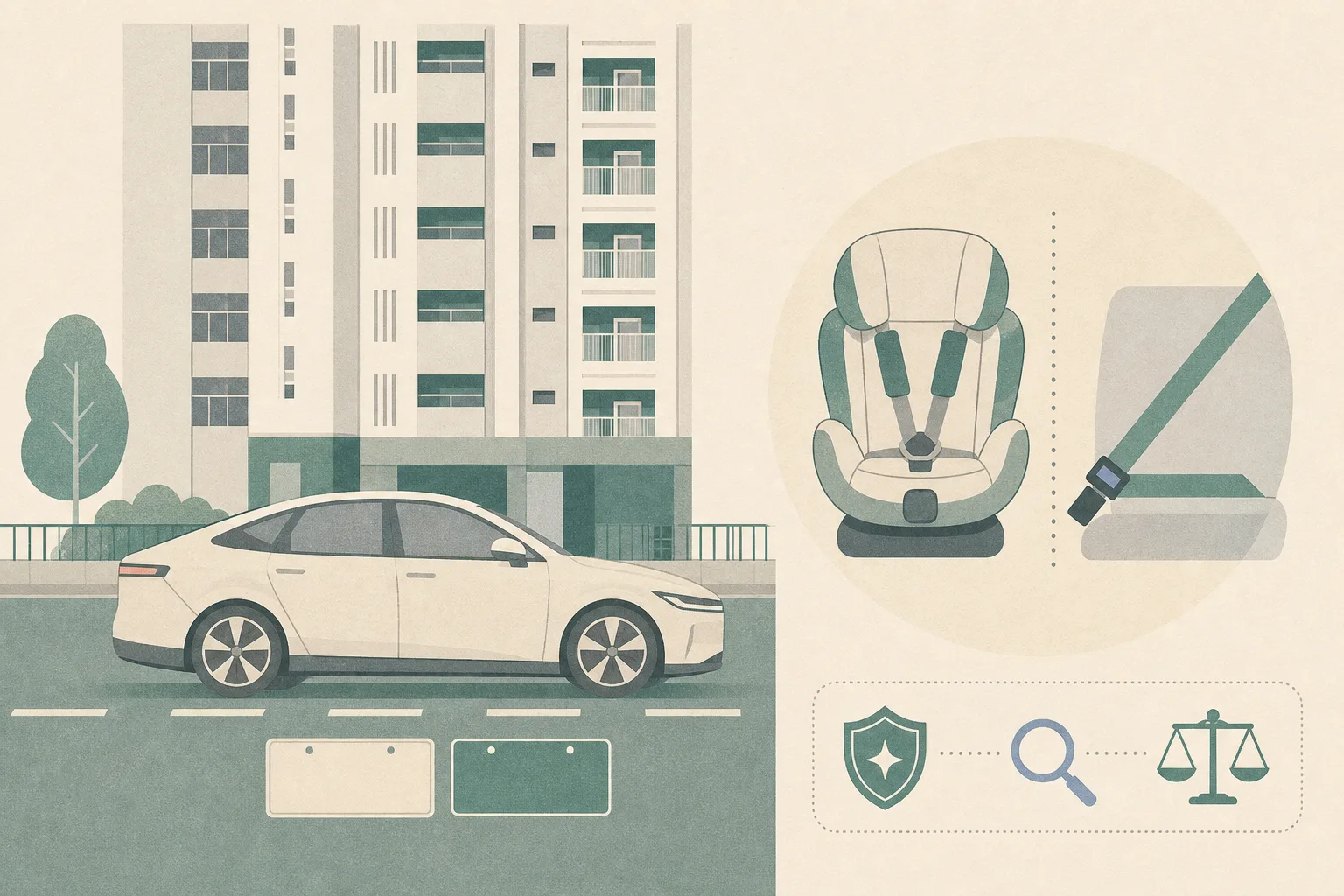 A restrained cut-paper diagram shows a simplified electric car with two unlabeled plate blocks on a road beside abstract residential estate façades. A separate empty child-restraint and seat-belt schematic appears nearby, with no people or incident shown.