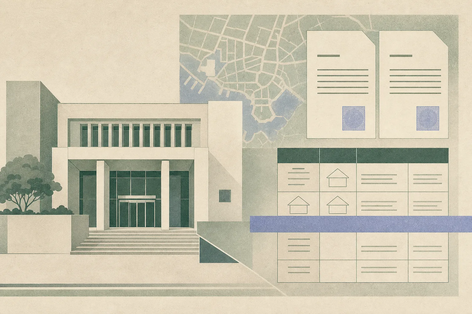A flat cut-paper collage shows a simplified magistrates’ court facade, two sealed document panels beside a mortgage grid, and a horizontal bar interrupting an abstract urban district pattern.