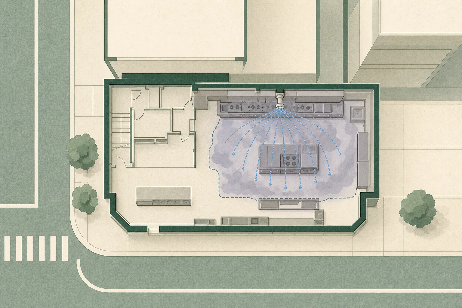 Top-down cut-paper diagram of a restaurant kitchen with a contained affected zone, translucent smoke shapes and a sprinkler head sending orderly blue water arcs across the space, set within a simple building and street grid.