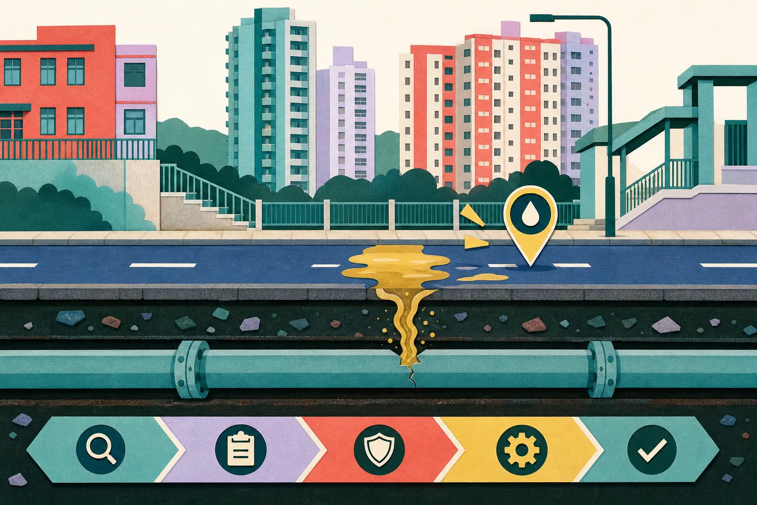 Cut-paper civic illustration of an urban road near Tuen Li Street, with simplified buildings above a buried water main and a contained muddy yellow leak reaching the road surface; an abstract service marker and segmented improvement ribbon sit nearby.