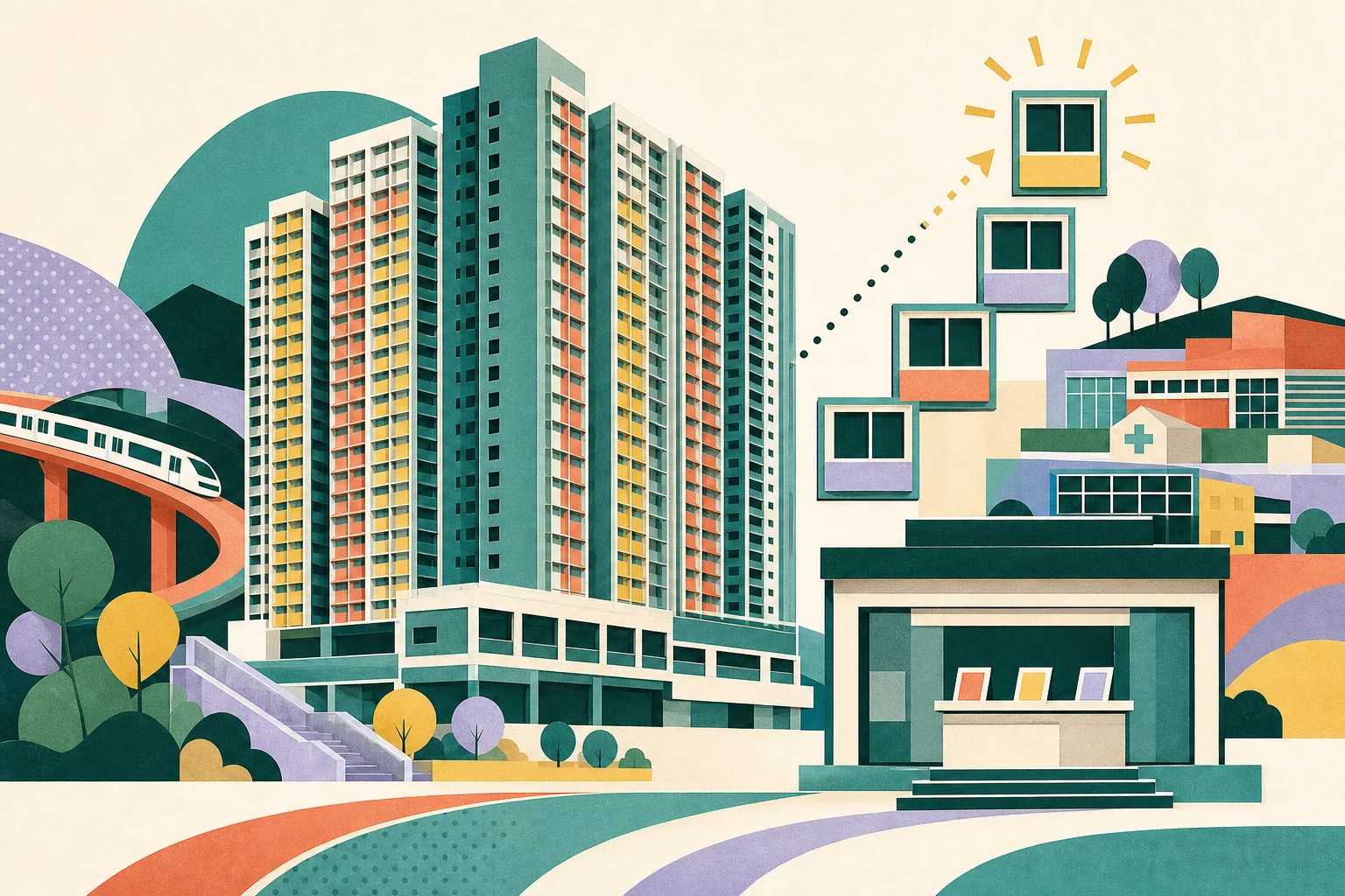 A cut-paper architectural collage shows geometric public-housing towers beside a simplified sales-office frontage, connected by abstract transport lines and community blocks. Repeated apartment tiles and one subtly highlighted upper tile suggest flat selection, with a small “857 flats” marker and a 