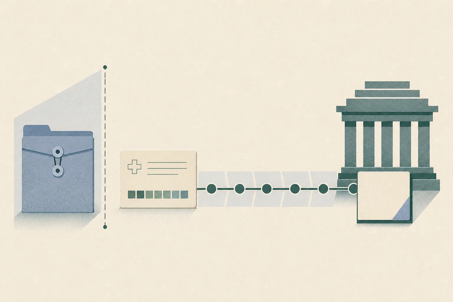 A sparse cut-paper diagram shows a simplified medical register card with a six-segment bar moving along a segmented appeal path toward a geometric courthouse block. A sealed clinical records folder sits behind a boundary line, and the final explanatory panel is left blank.