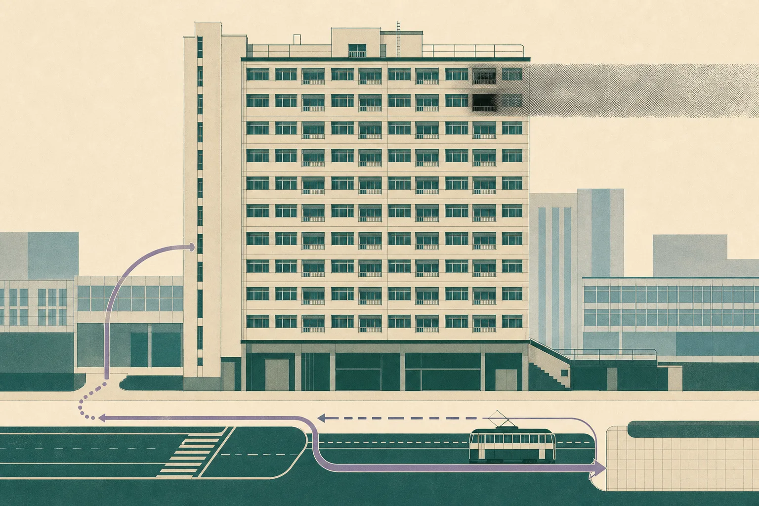 A flat cut-paper illustration of a tall urban apartment facade with one muted dark upper-floor window, a soft abstract grey band nearby, and simple street and tram-route lines diverting around the building.