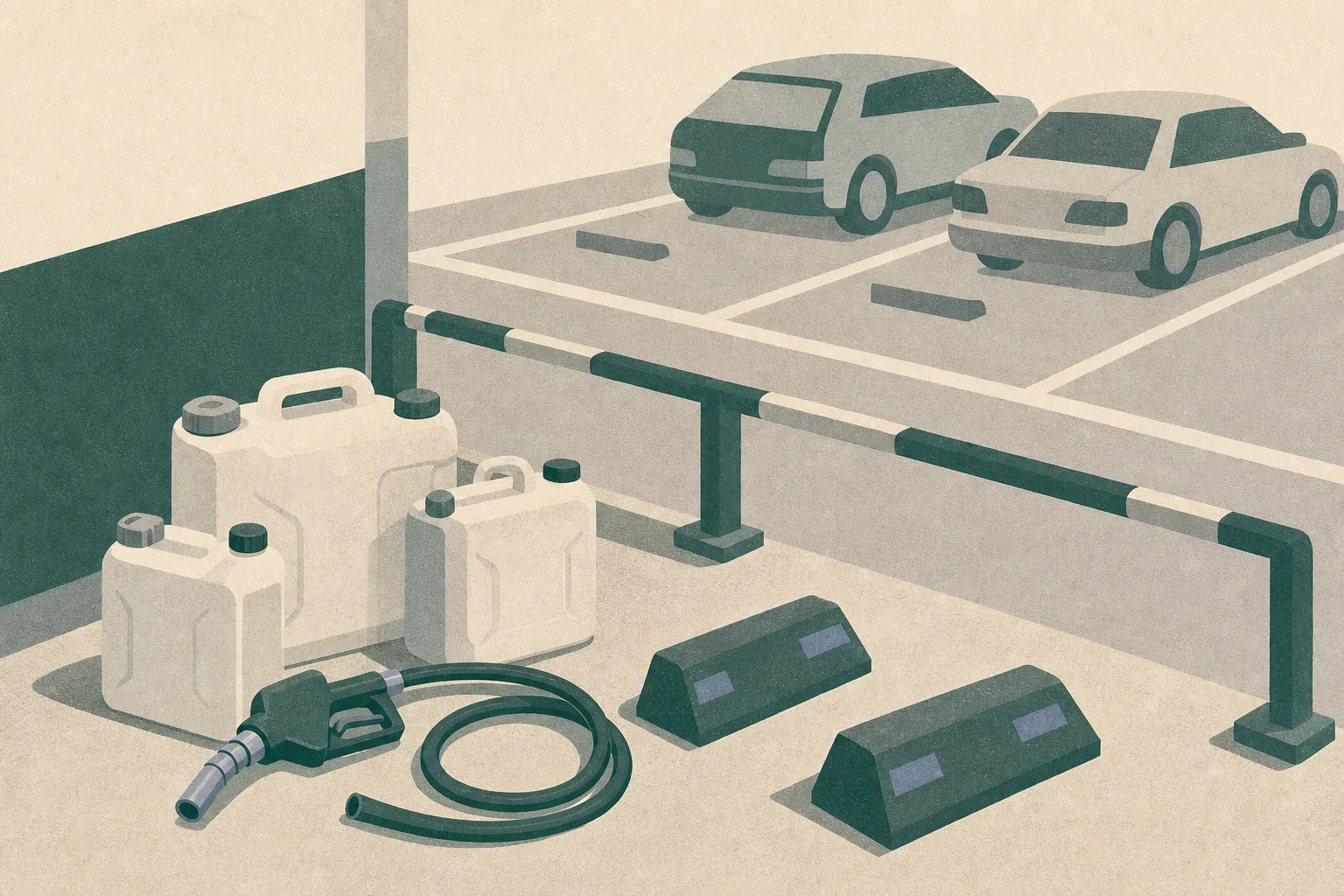 A stylized close-up of fuel containers and a disconnected hose beside simplified parking-bay lines, with a low safety barrier separating the equipment from two parked vehicle blocks.