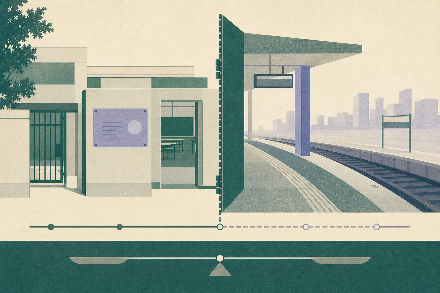 An empty geometric school entrance and railway-platform edge appear in separate zones divided by a precise threshold line, with a restrained courthouse-like band indicating a legal boundary.