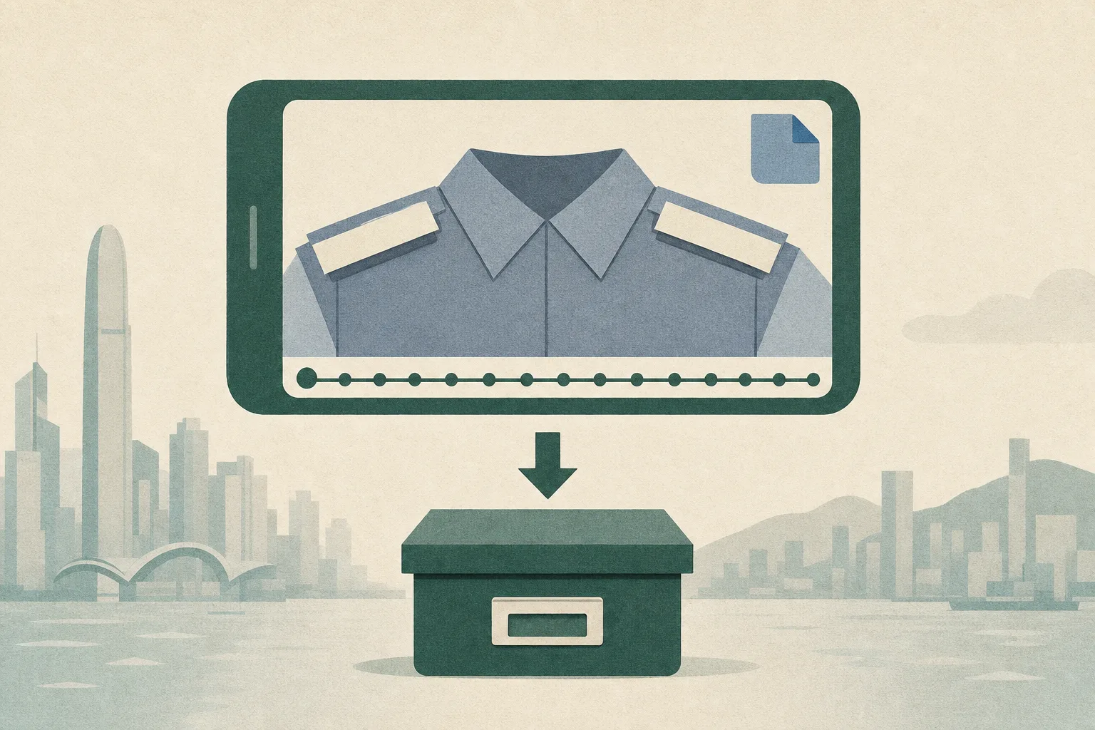 An abstract cut-paper diagram shows a vertical video frame with a 13-part timeline, a cropped uniform shoulder panel with covered identification areas, and a downward arrow leading to a closed archive tray.
