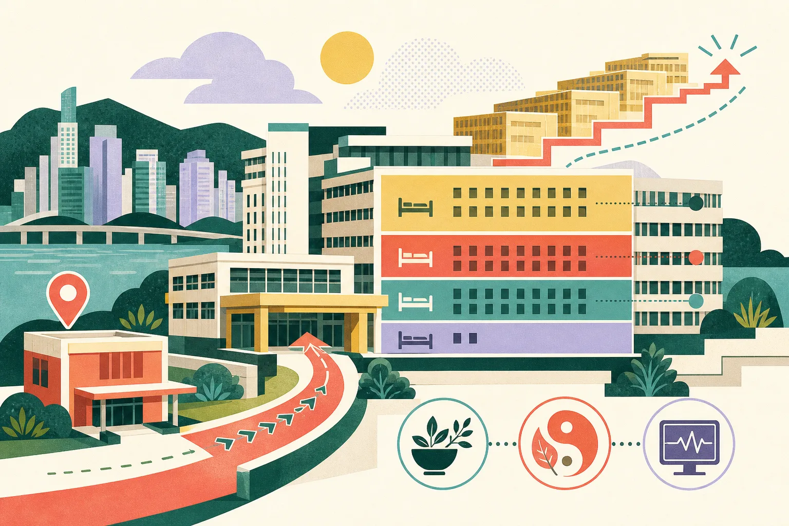 A colourful cut-paper illustration of a simplified hospital in Tseung Kwan O, with connected blocks representing 115 beds across subsidised, market-priced, research and higher-acuity categories, a referral pathway entering the building, and stepped additions indicating planned future expansion.