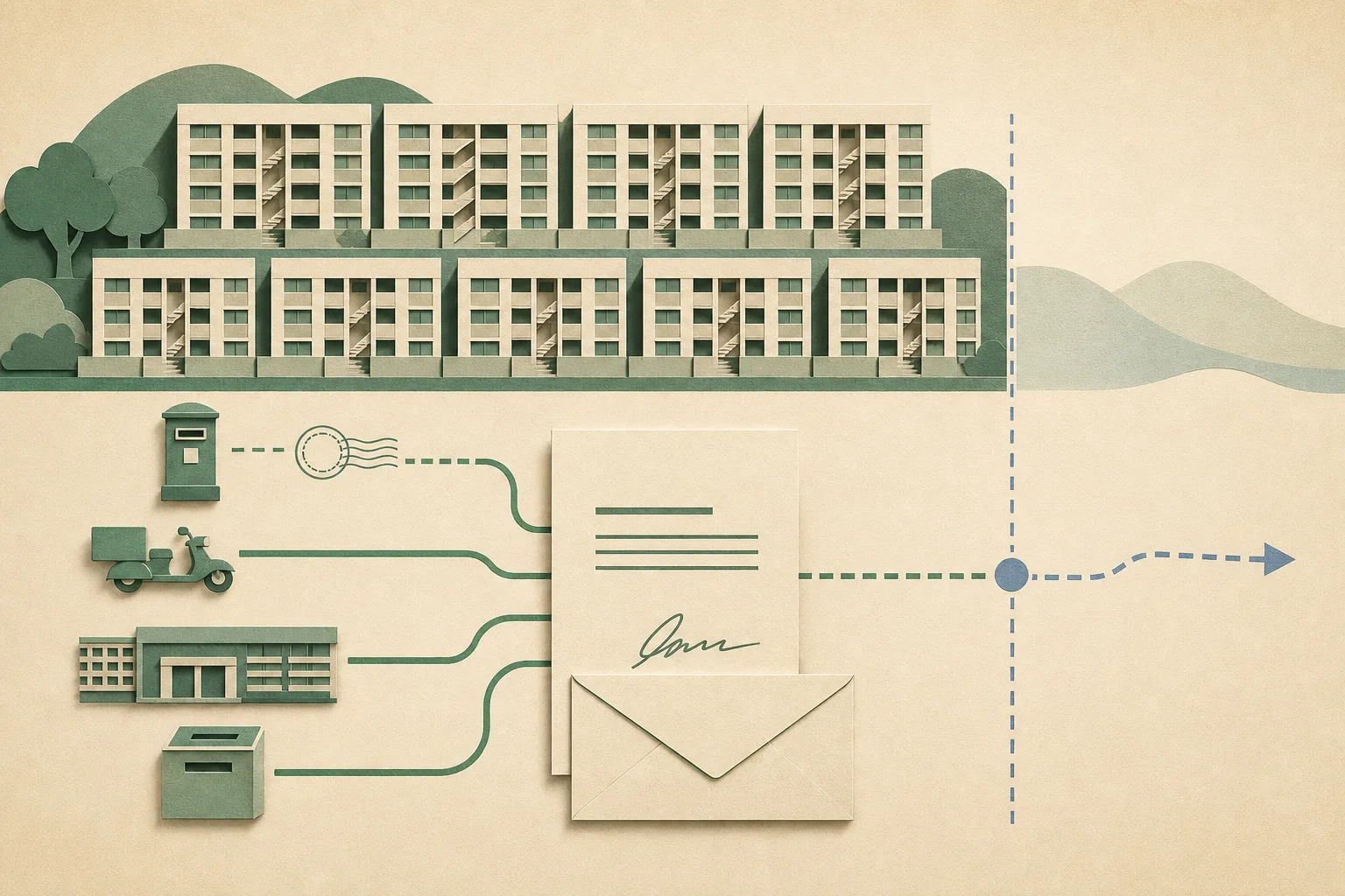 A restrained cut-paper illustration of a simplified eight-block housing complex beside a signed letter and return envelope, with four thin submission routes leading toward a collection box and a marked August 31, 2026 deadline.