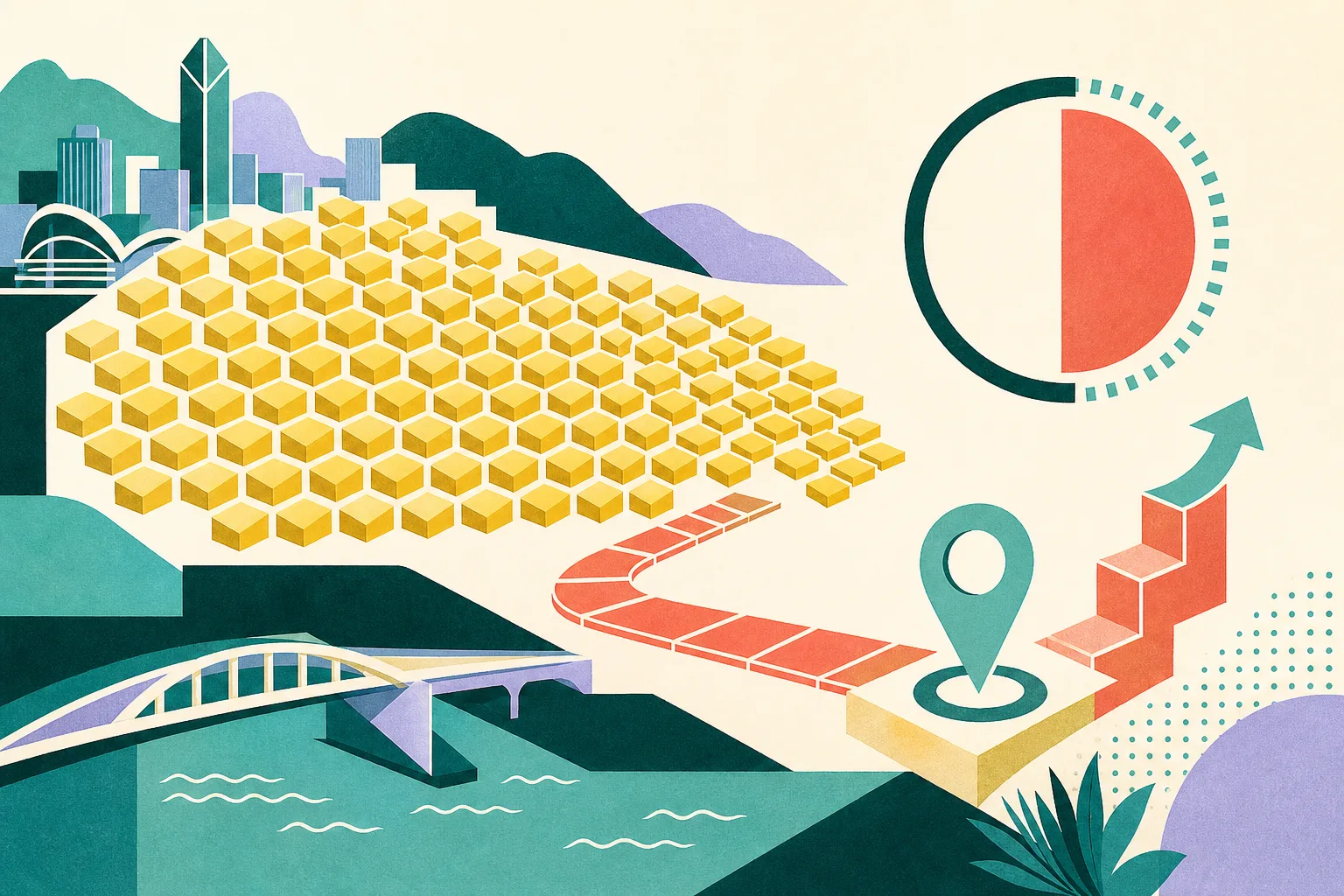A flat geometric public-health illustration showing a field of numbered abstract tiles flowing toward a simple testing marker, beside a separate half-filled circular gauge and an upward-stepped pathway. The palette combines muted ochre with mineral blue, dusty teal, soft coral and off-white, with no