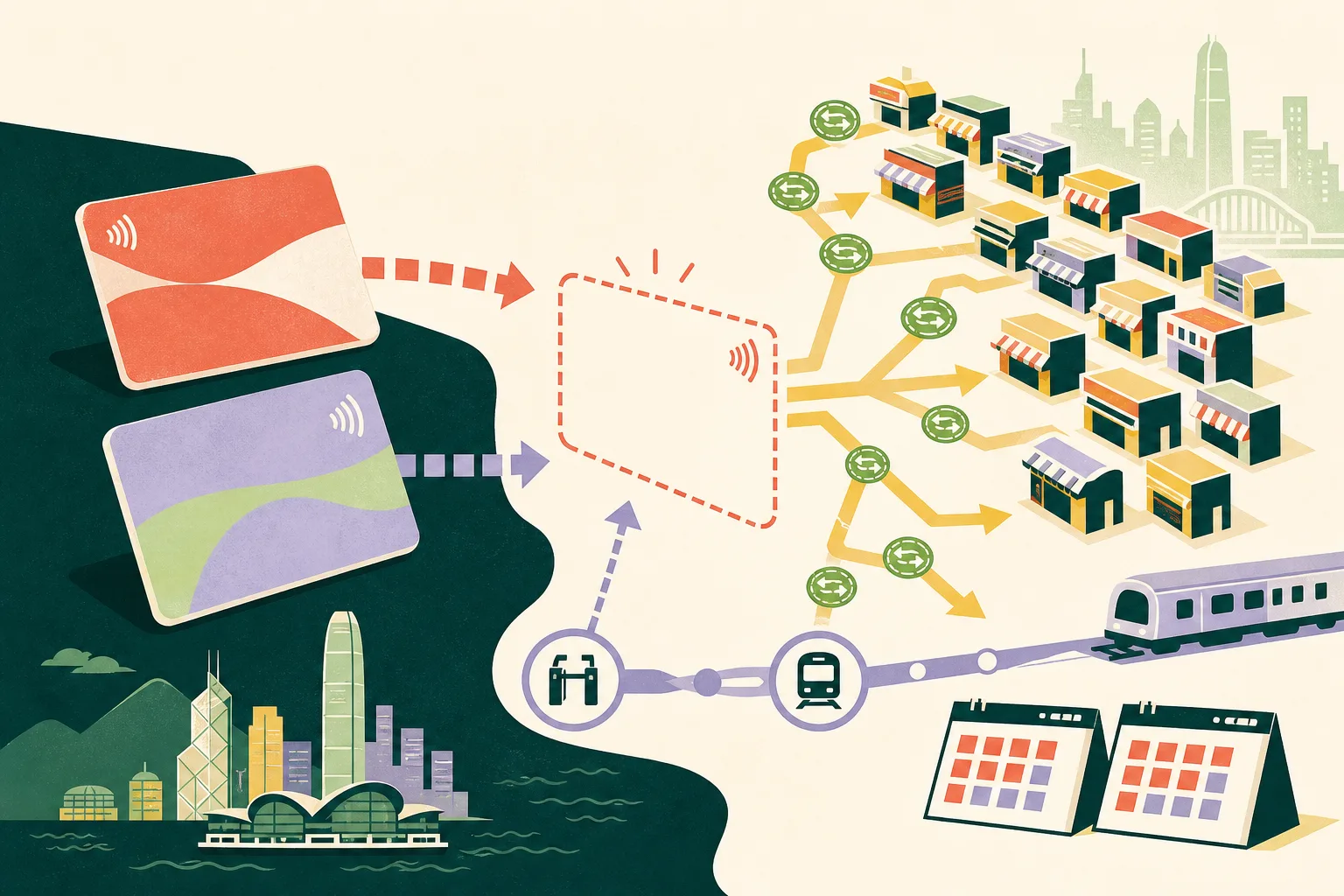 A flat geometric civic diagram shows two separate contactless cards approaching an outlined shared card shape with a deliberate gap, alongside a route to simplified merchant blocks, rebate tokens, a transit line and a small two-week calendar motif.