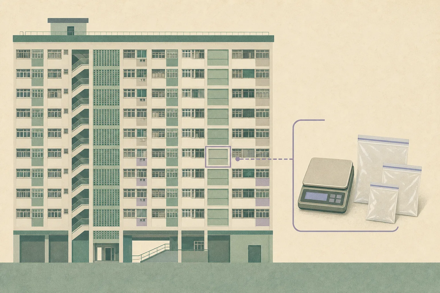A simplified Hong Kong public-housing tower facade has one apartment bay subtly outlined, beside a small electronic scale and indistinct resealable bags arranged as neutral evidence-related objects.