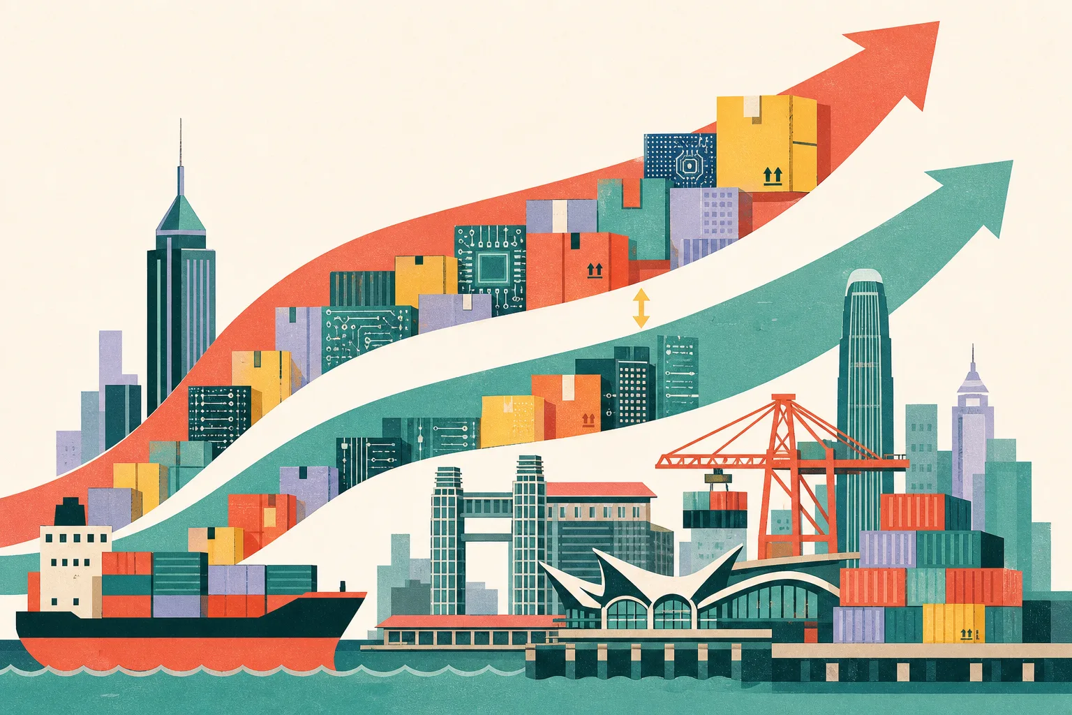 A cut-paper style Hong Kong port and city gateway with two rising streams of cargo, the import stream slightly larger than the export stream, a small gap between them, and abstract circuit-board tiles suggesting electronic goods.