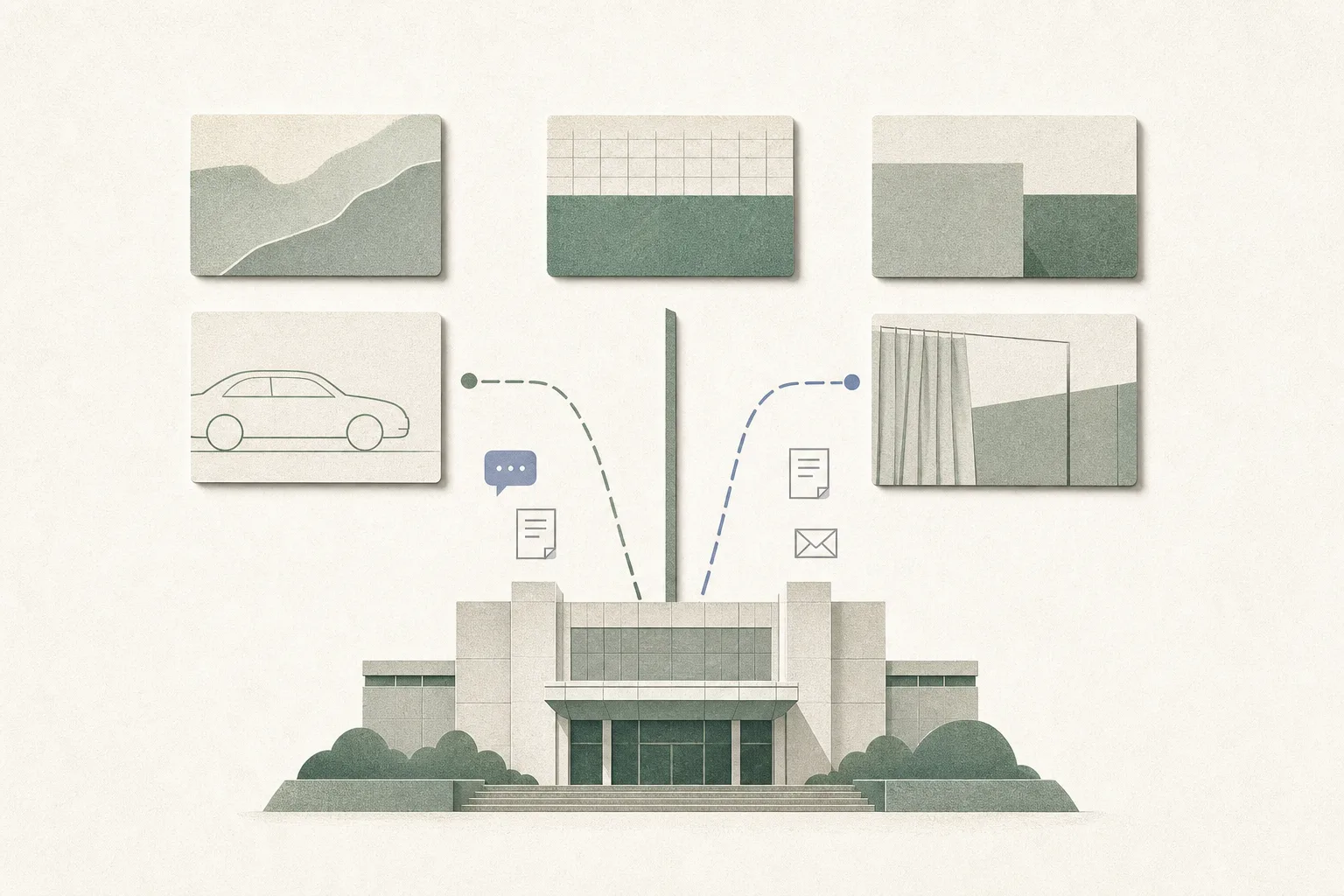 Abstract paper-cut diagram of a civic court building, five separated evidence tiles, a minimal car outline, a curtained partition and unfinished pathways representing disputed testimony and an ongoing trial.