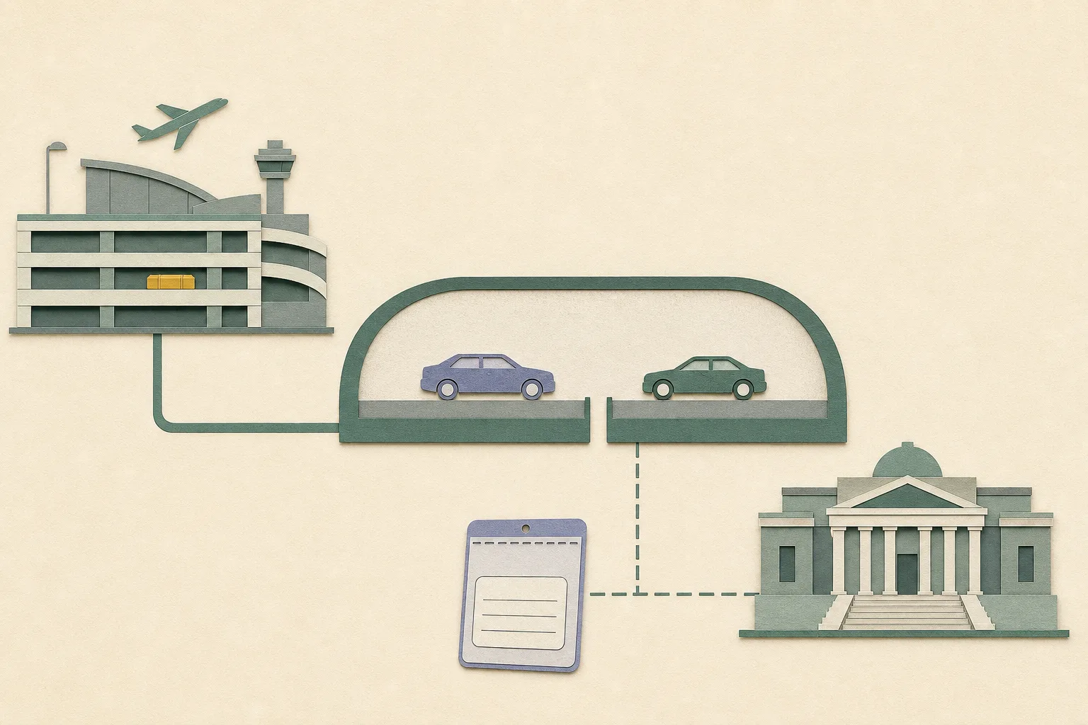 A low-chroma cut-paper illustration combines a simplified airport car park, a two-way tunnel roadway with an interrupted lane divider and two unoccupied cars, plus a separate civic-process block and outlined inventory card.