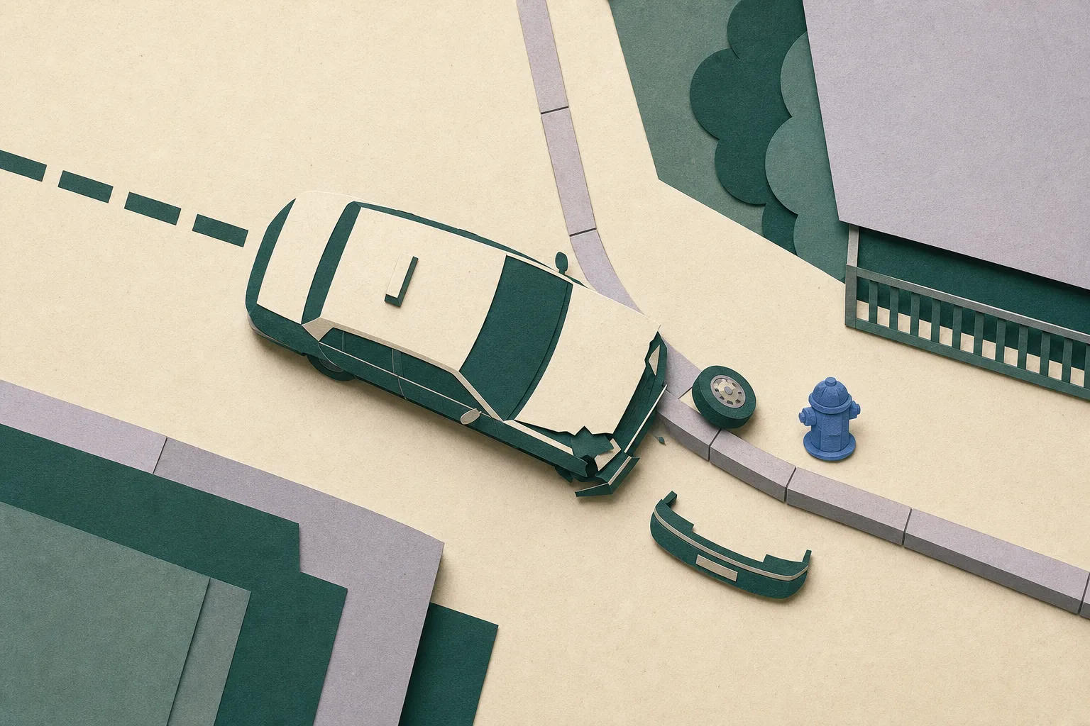 Top-down paper-cut diagram of a simplified taxi stopped beside a raised kerb and fire hydrant, with its front wheel displaced onto the kerb and a detached bumper set nearby.