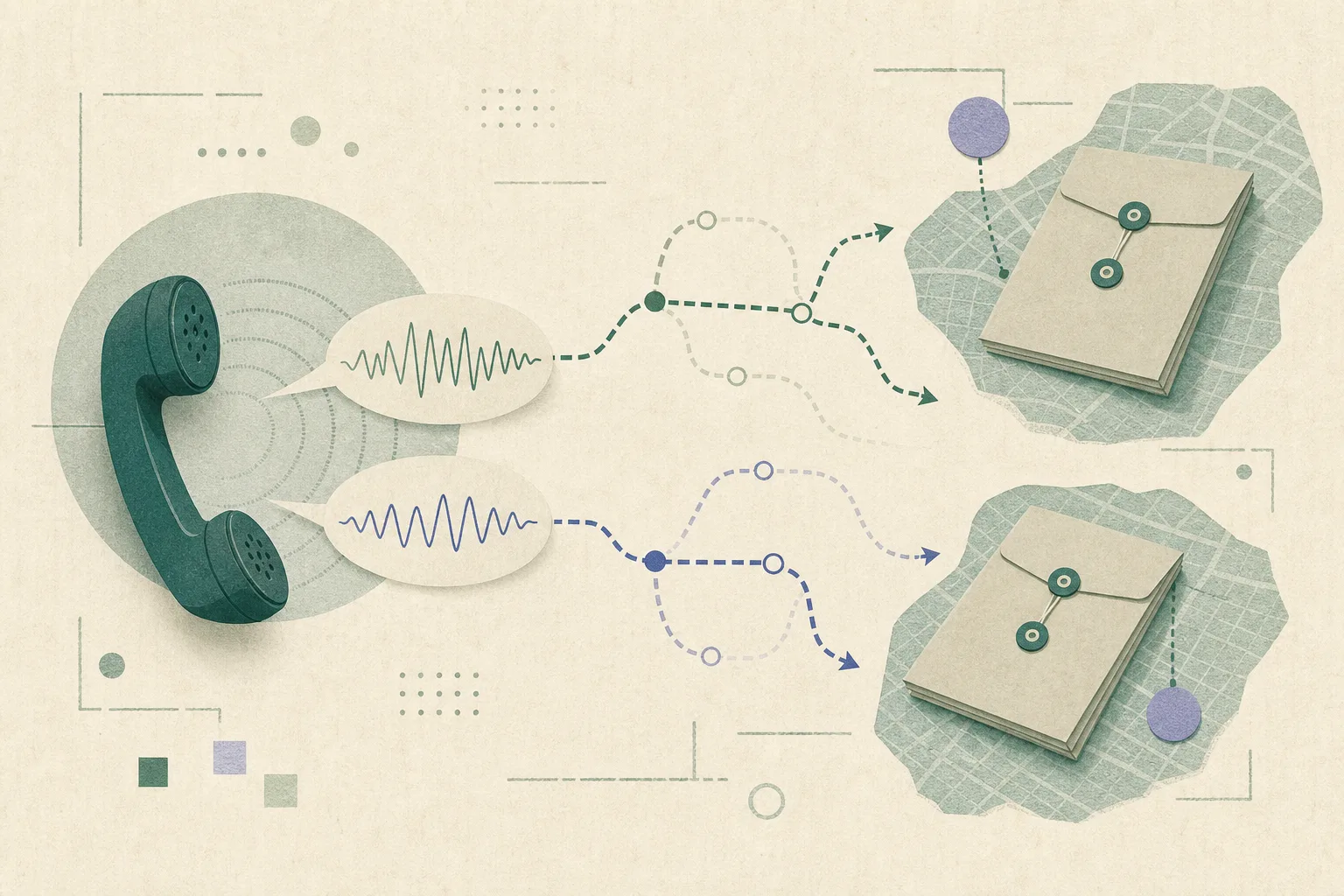 A people-free diagram shows an anonymous telephone handset sending two abstract speech-wave paths toward two sealed cash envelopes, with offset branching lines indicating unresolved differences in the reported case.