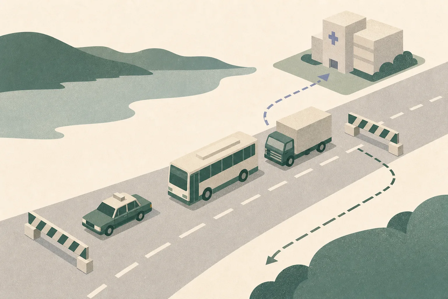 Abstract illustration of a closed road near Sunny Bay with three simplified vehicle blocks—a taxi, bus and truck—beside restrained road markings, closure bars and a small hospital building.