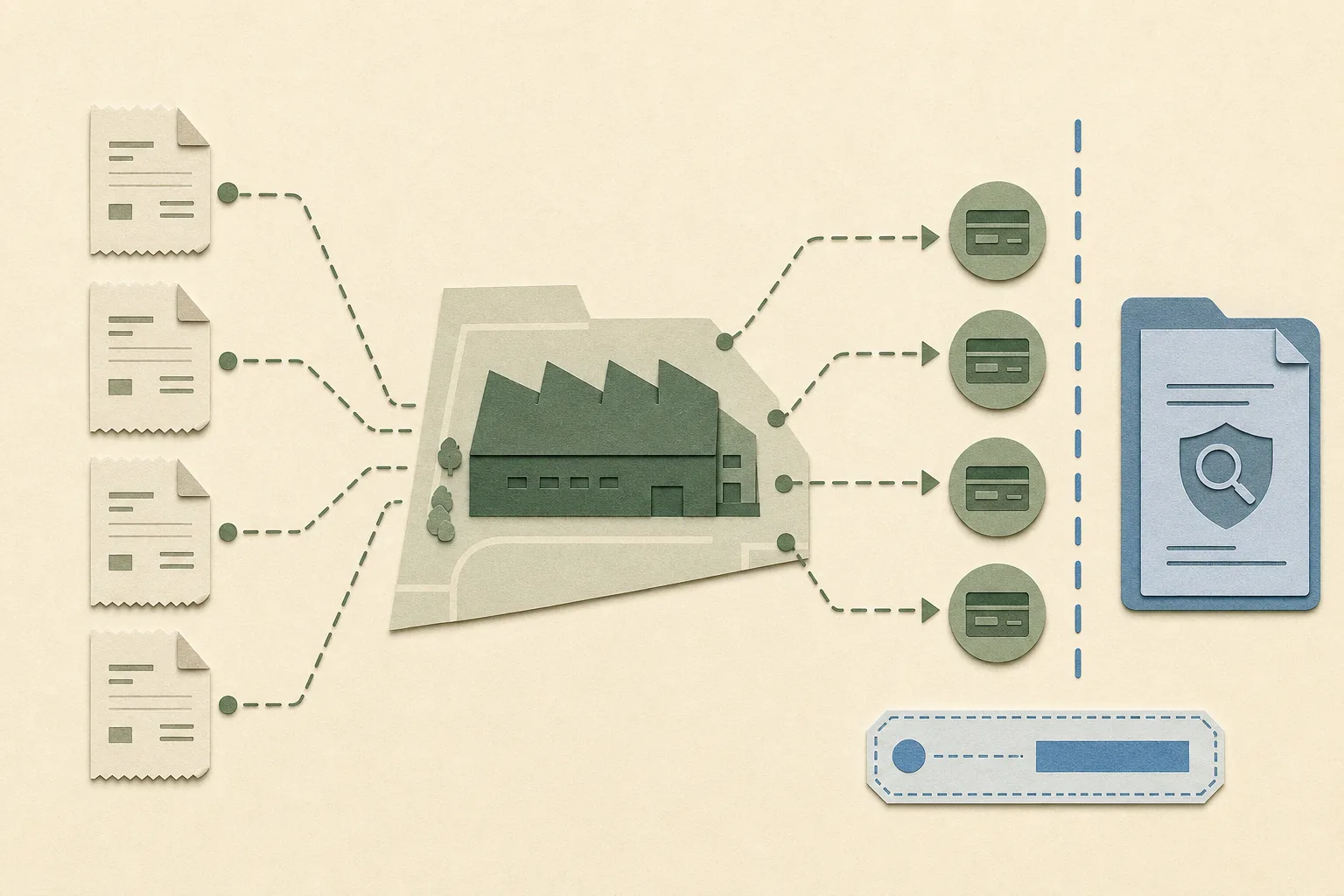 Top-down cut-paper diagram of a simplified Kwai Chung industrial-building footprint, several payment slips, interrupted lines leading to separate account nodes, and a case-file boundary marked with a HK$490,000 amount.