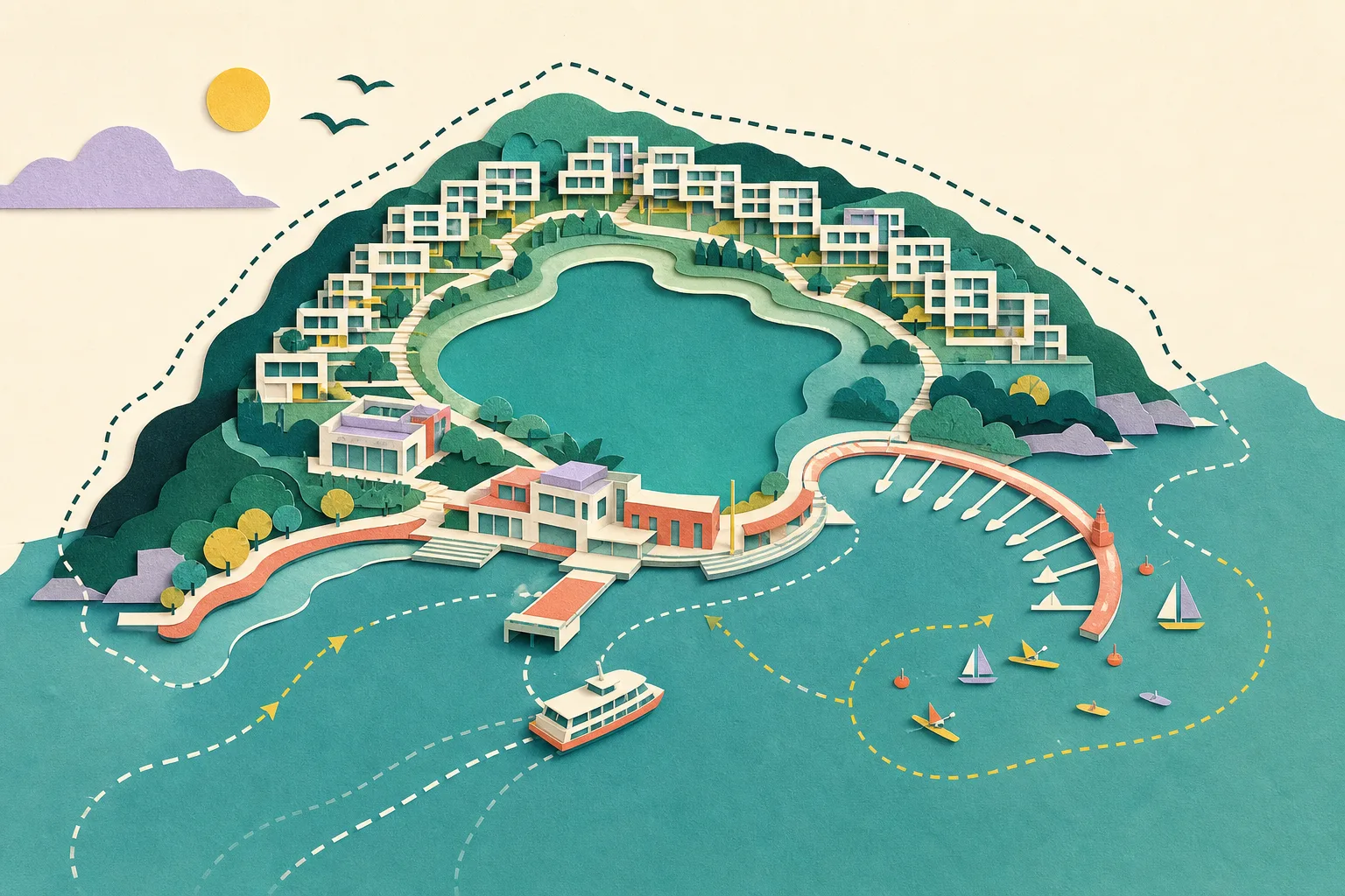 Cut-paper architectural collage of a proposed coastal redevelopment at a former Lamma Island quarry, showing an artificial lake, low-rise housing blocks, visitor facilities, a public ferry pier and an arc of abstract yacht berths within a dotted planning boundary.
