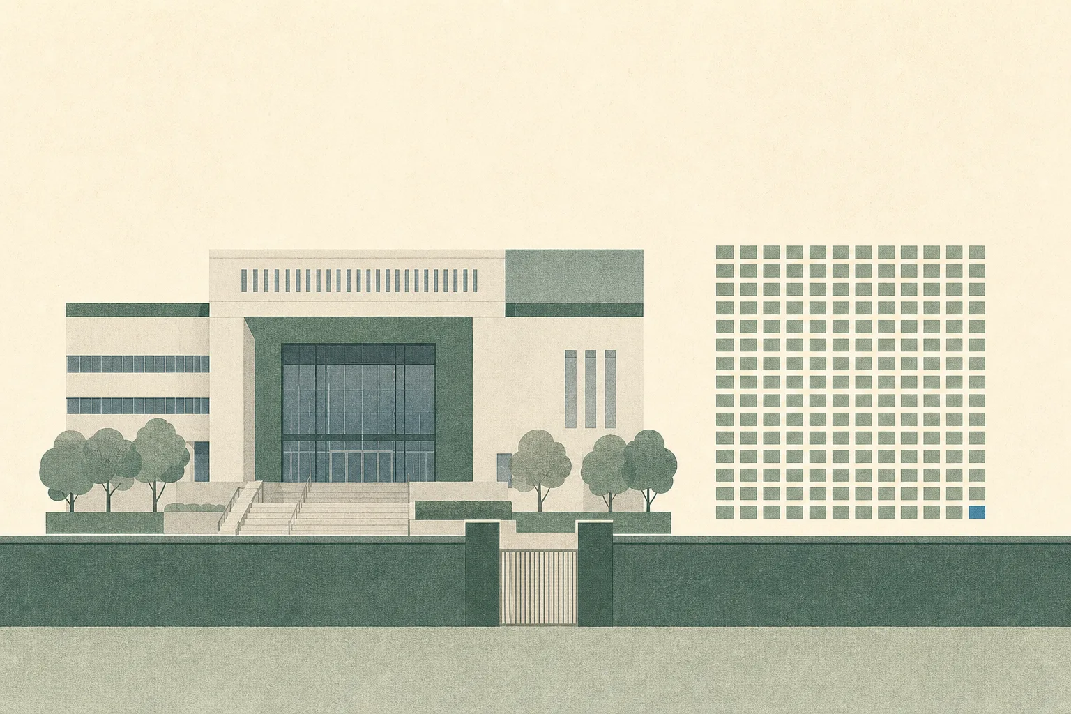 A simplified magistrates’ court façade in muted blue and warm grey, separated by a clear horizontal boundary from a neat grid of numbered service-hour blocks, with no people present.