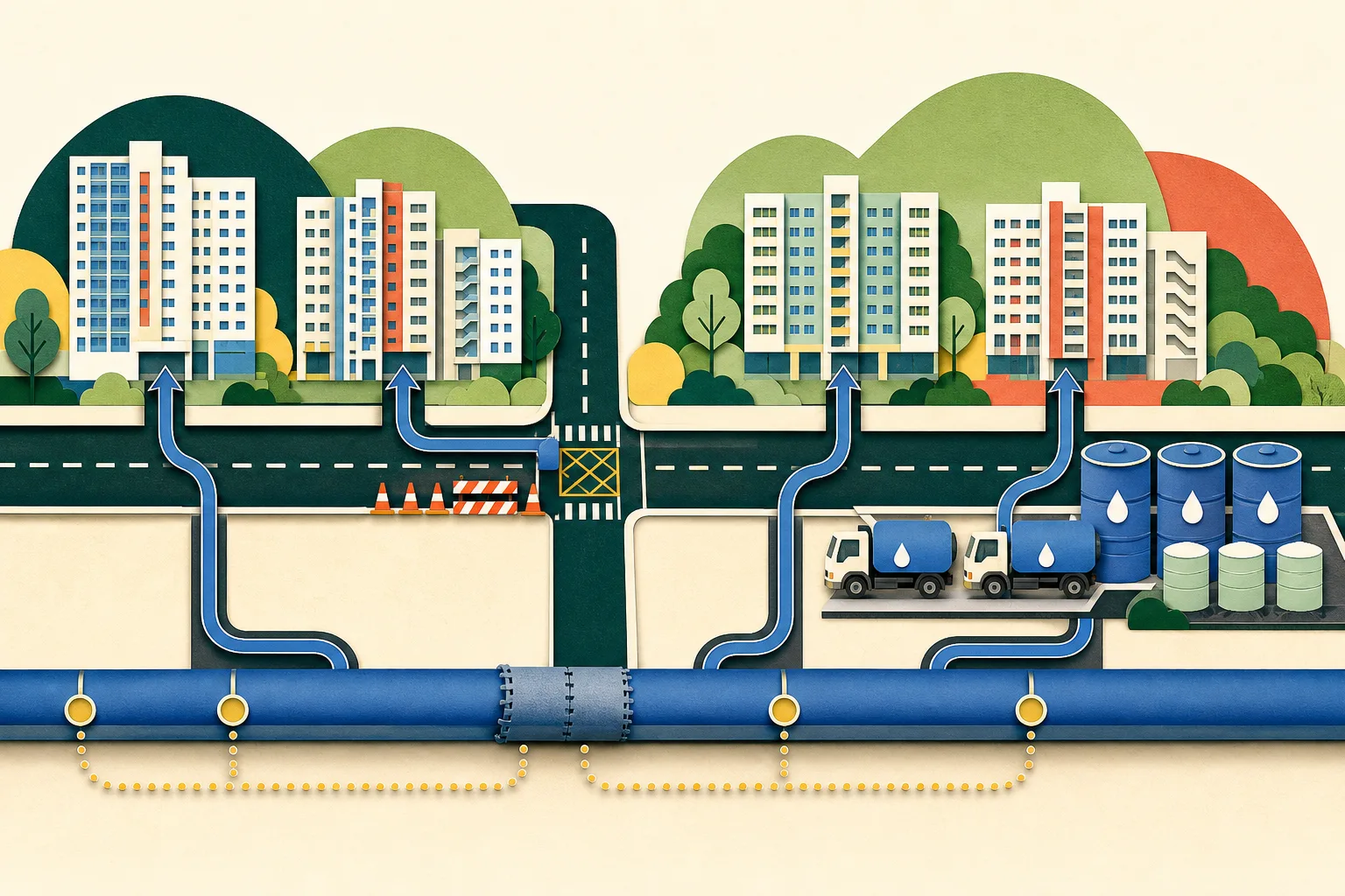 Flat cut-paper illustration of a Tuen Mun road and underground water main, showing a patched pipe, four simplified residential blocks, temporary water tanks, two water wagons and directional water-flow lines returning toward the estates.