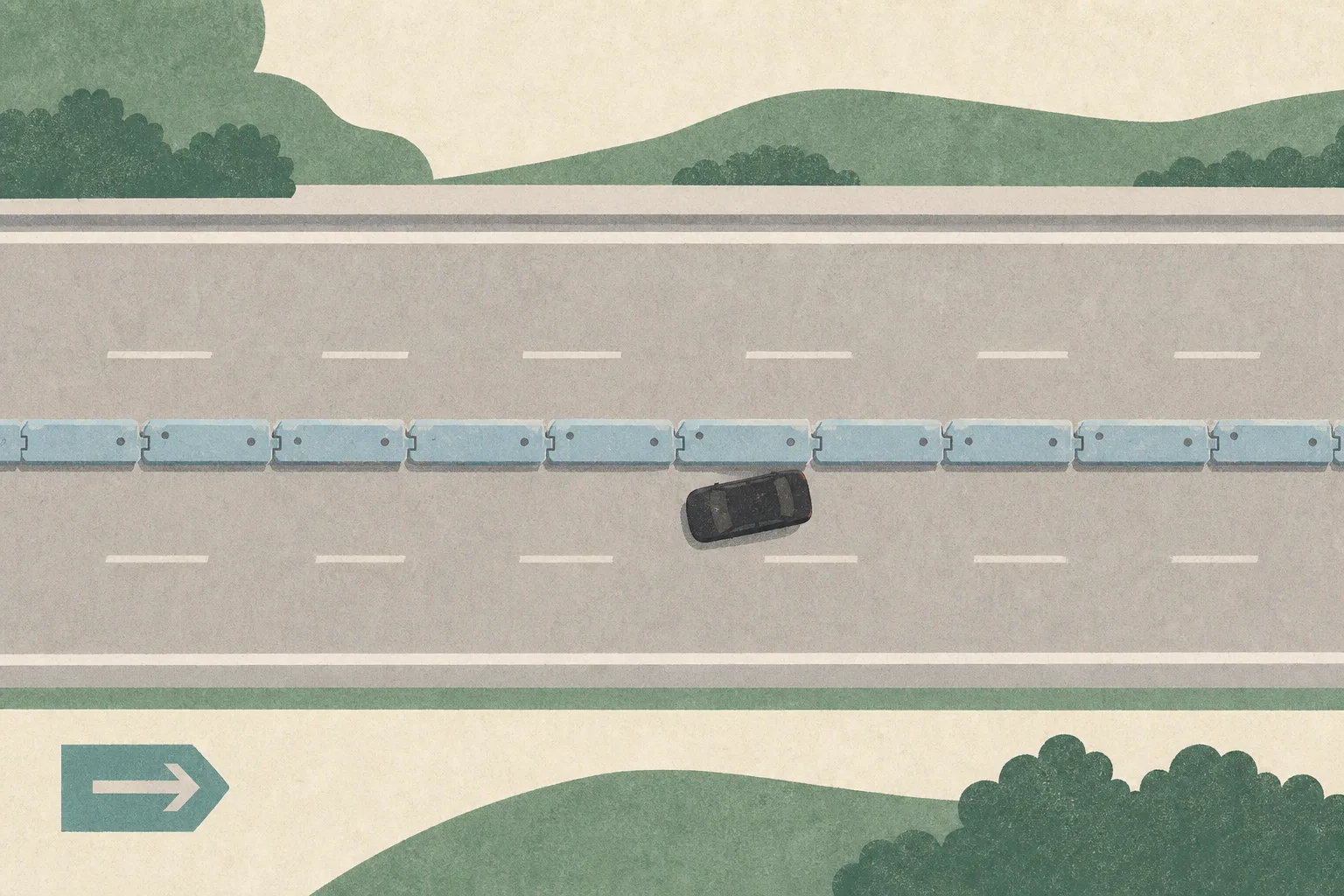 A top-down cut-paper illustration of a three-lane road with pale blue water barriers closing the middle lane and a small black car form resting near the barrier line.