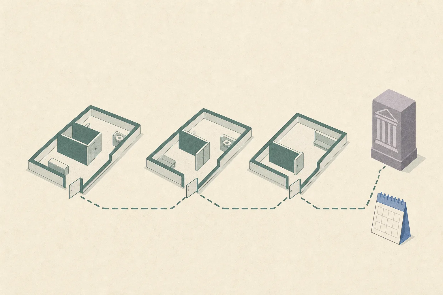 An abstract cut-paper diagram of three empty clinic floor plans linked by a broken line, each with a closed privacy partition; a small court-like block and a future calendar tile sit at the far end.