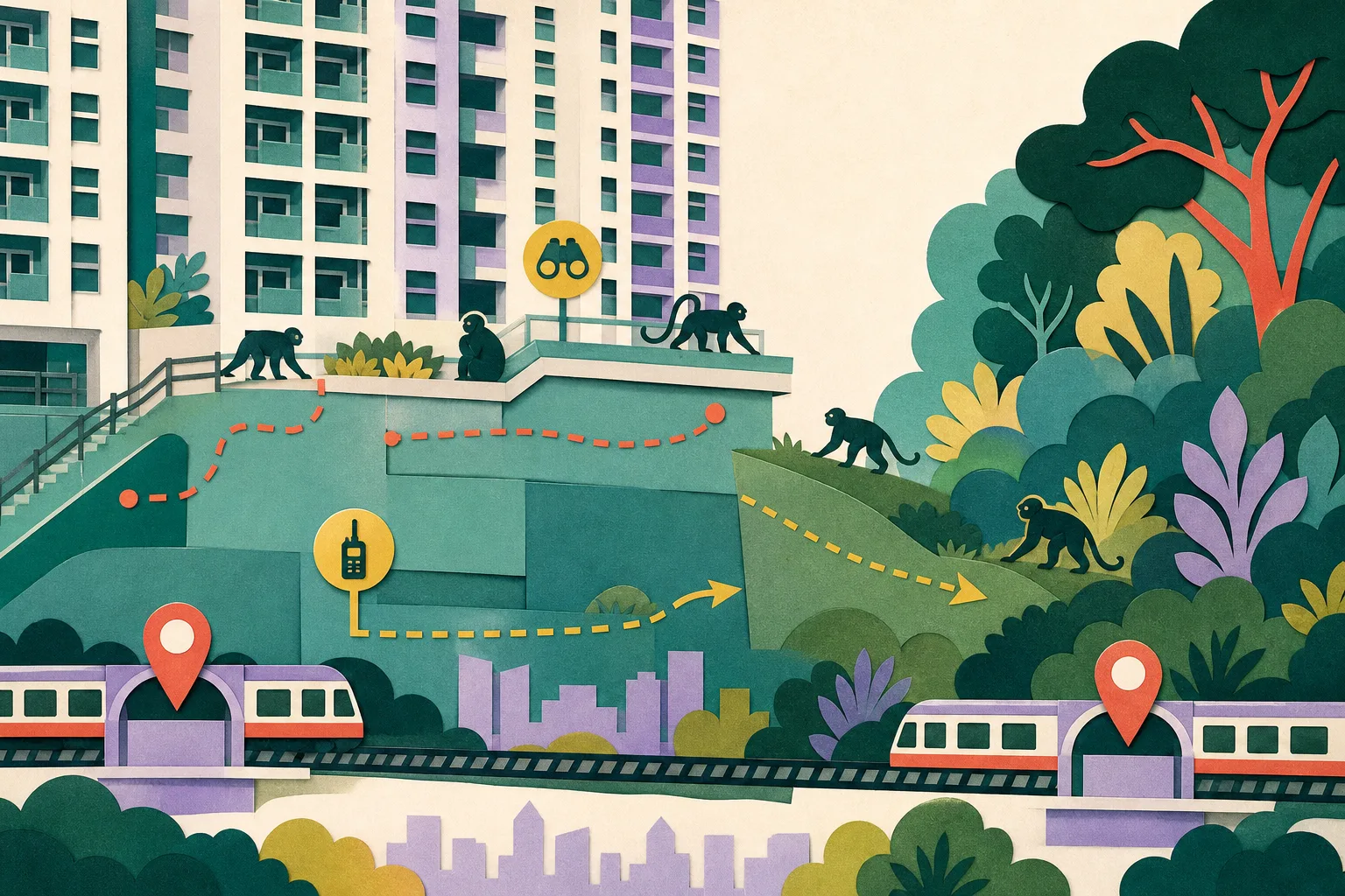 Cut-paper illustration of a Hong Kong housing estate beside a green habitat edge, with small abstract macaque shapes near the building and a railway line with two station markers below; simple patrol-route marks suggest ongoing monitoring.