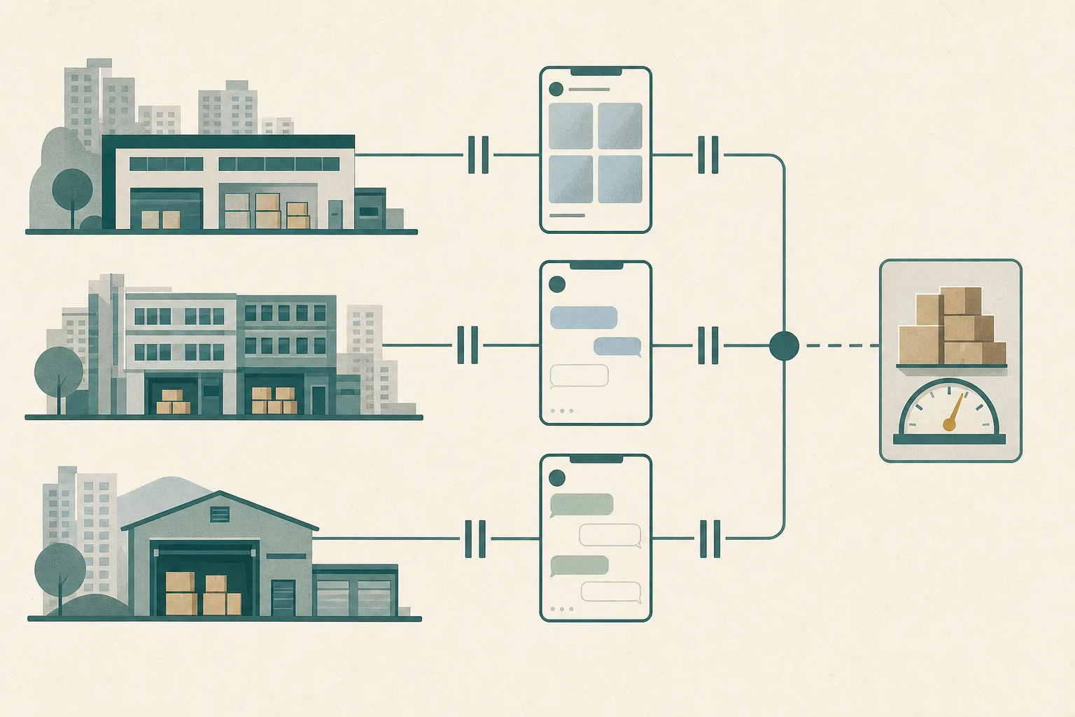 Abstract cut-paper diagram of three simplified Hong Kong building blocks linked to generic messaging panels, with thin lines interrupted by neutral bars and plain storage rectangles.