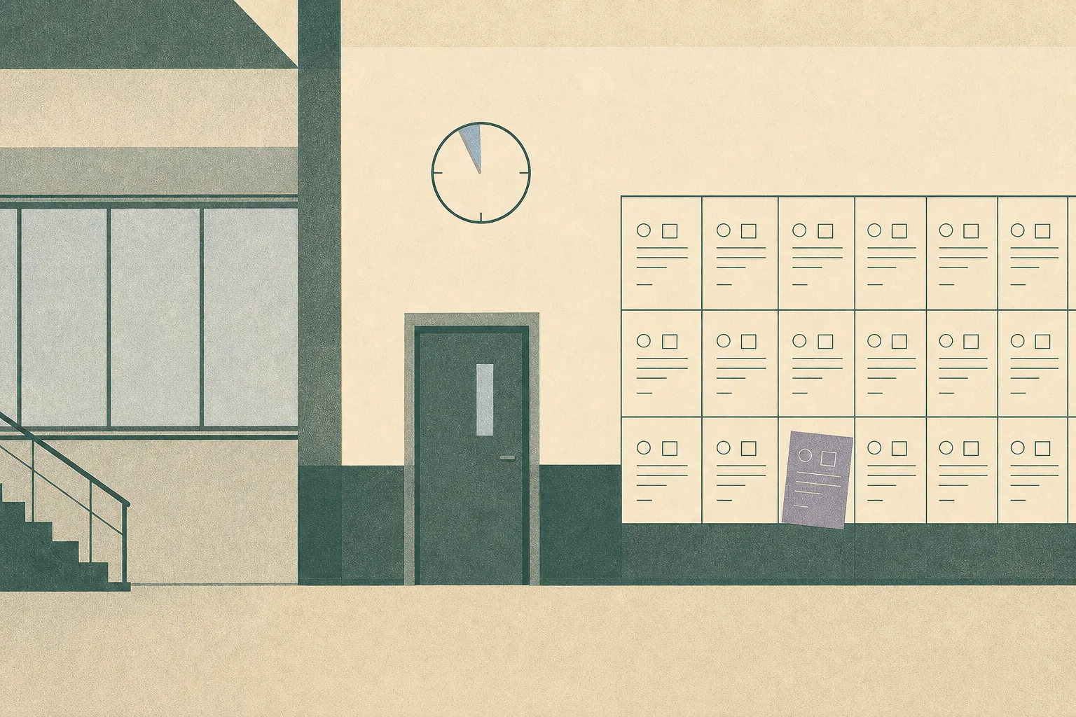 A sparse cut-paper illustration of an anonymous police-base interior formed from blue-grey architectural panels and a strict regulatory grid, with a small clock marker near 11 and one subtly displaced tile interrupting the orderly structure.