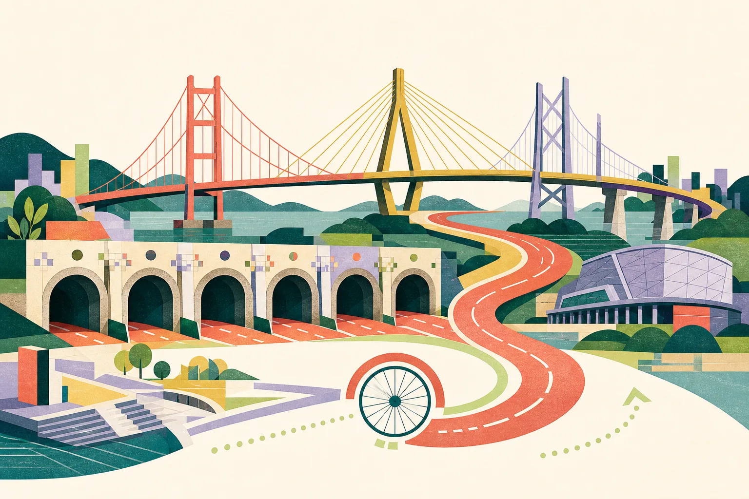 A cut-paper style Hong Kong infrastructure collage showing five abstract tunnel portals, three bridge spans, a curving road ribbon and a geometric bicycle-wheel motif, accented in soft coral, mineral blue, dusty teal and muted ochre.