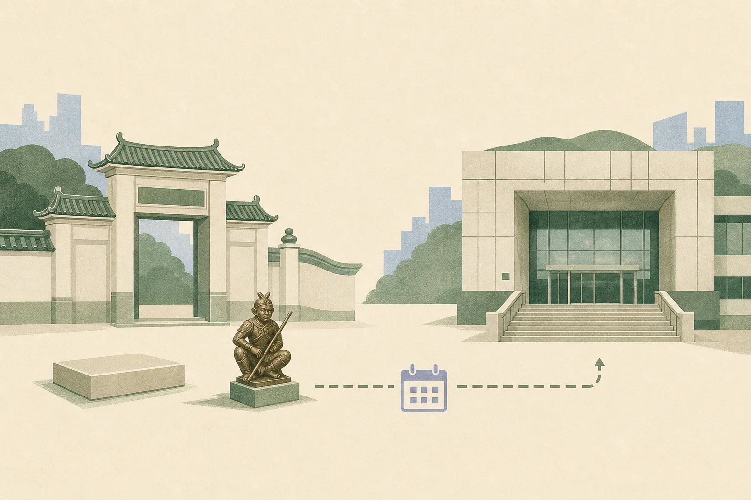 A simplified temple entrance with an empty low plinth and a small neutral bronze statue form set nearby, connected by an interrupted line to a restrained West Kowloon court facade.